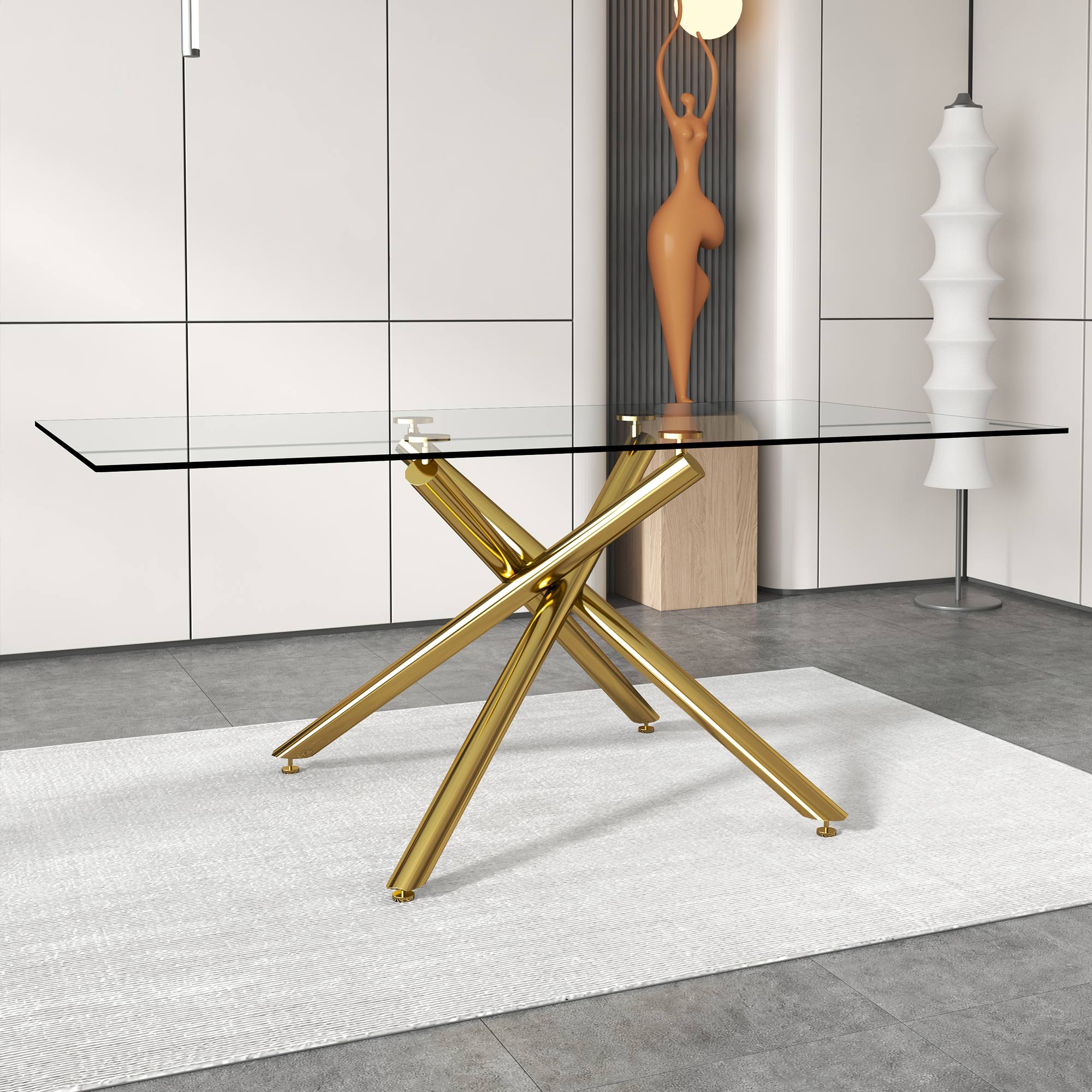 6-8 Seater Modern Rectangular Tempered Glass Table Top with Golden Plated Single Legs_1