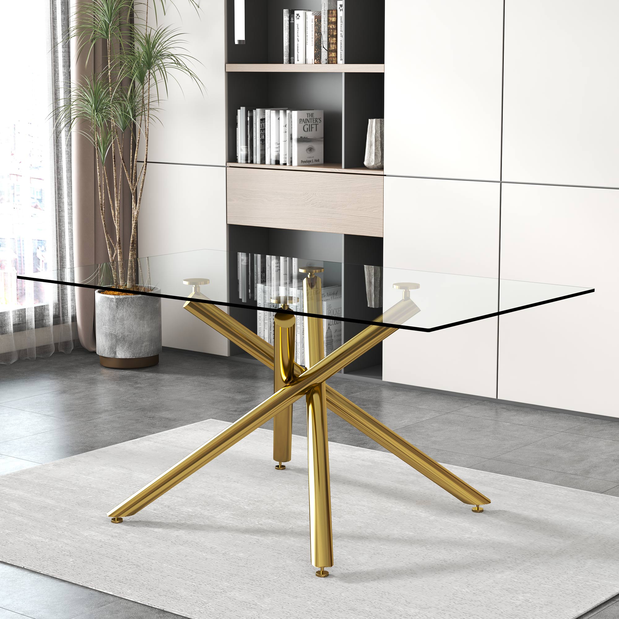 6-8 Seater Modern Rectangular Tempered Glass Table Top with Golden Plated Single Legs_0