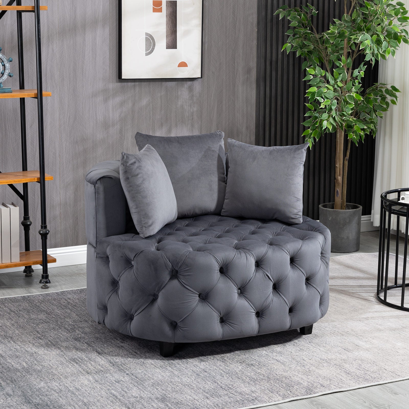 Tufted Upholstered Classical Living Room Barrel Accent Chair with Pillows- Grey_8