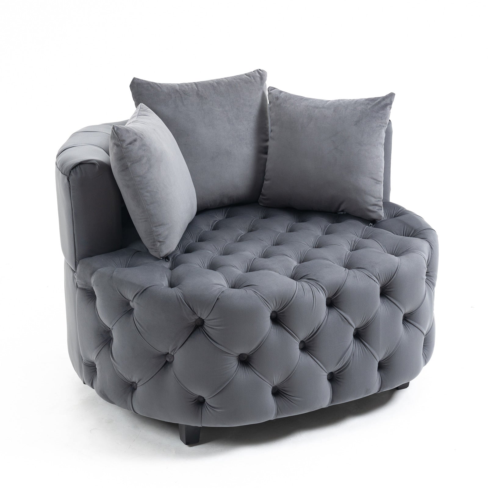 Tufted Upholstered Classical Living Room Barrel Accent Chair with Pillows- Grey_3