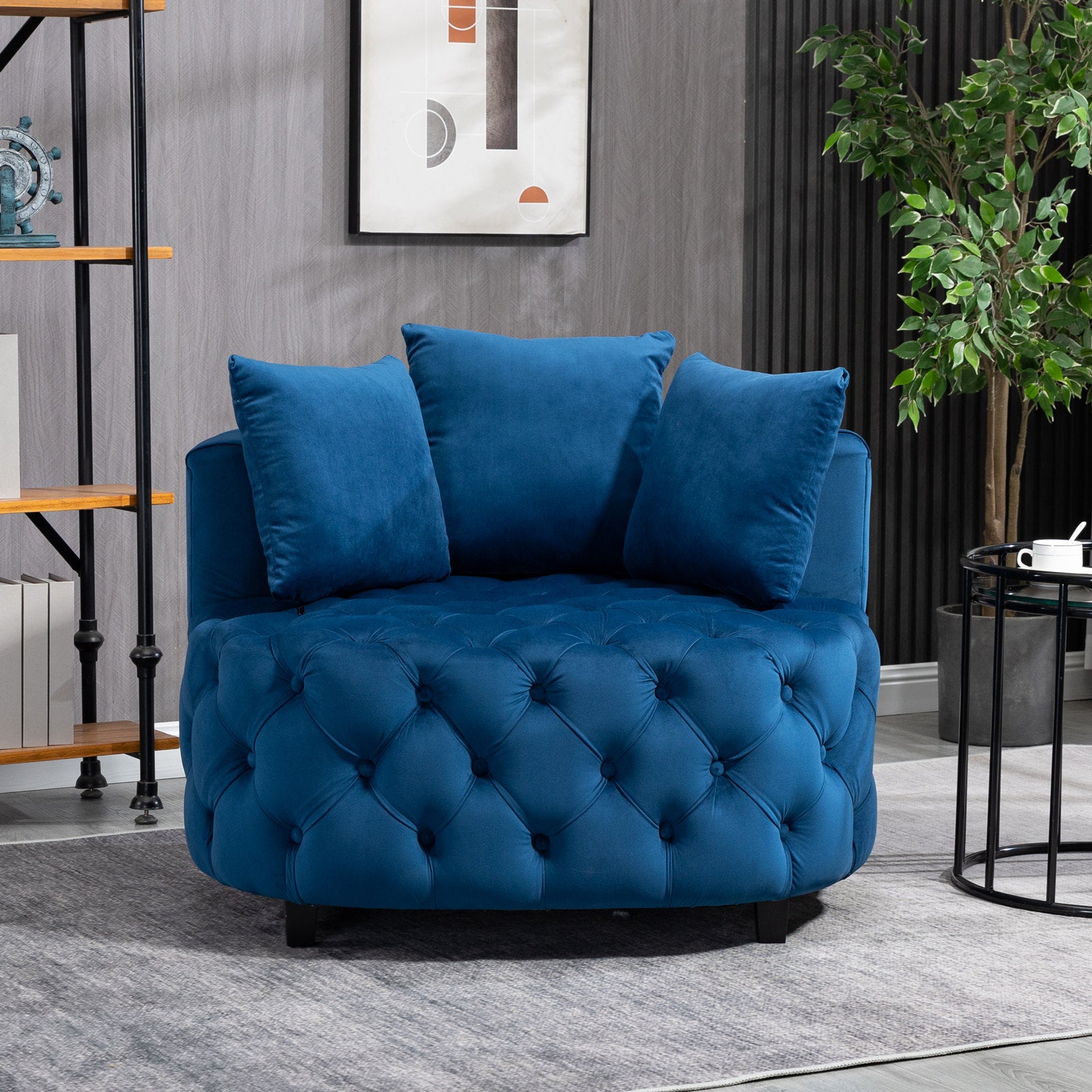 Tufted Upholstered Classical Living Room Barrel Accent Chair with Pillows- Blue_0
