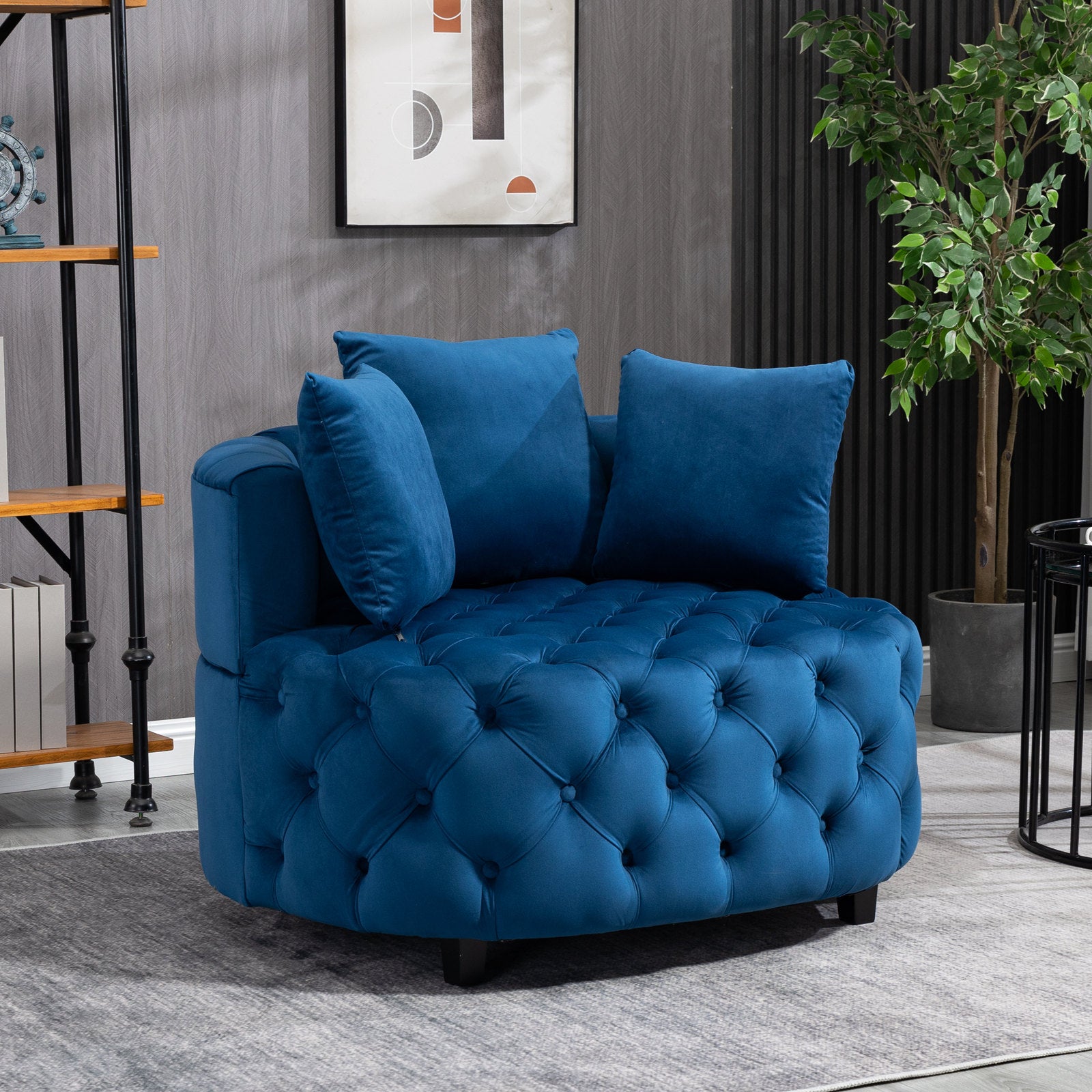 Tufted Upholstered Classical Living Room Barrel Accent Chair with Pillows- Blue_9