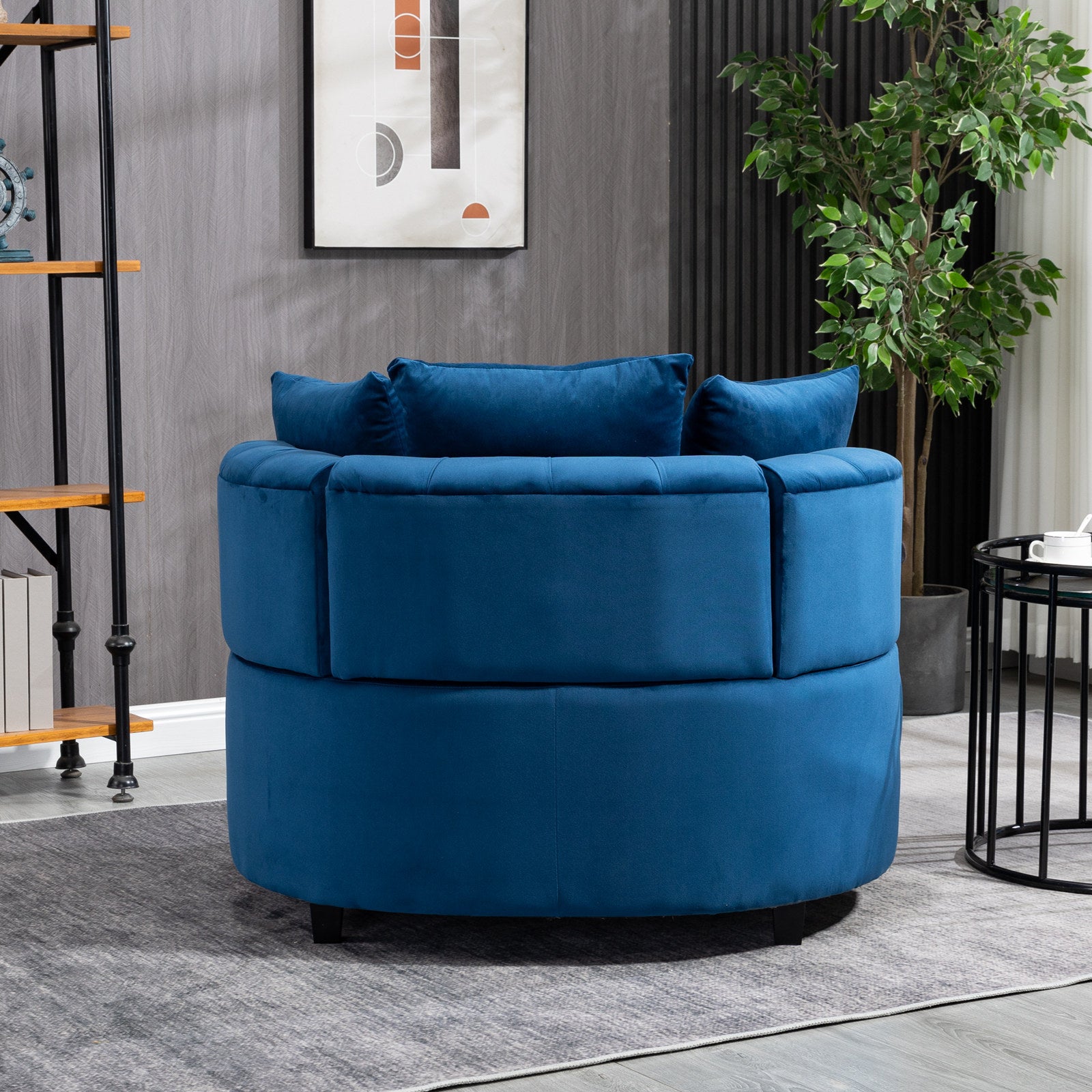 Tufted Upholstered Classical Living Room Barrel Accent Chair with Pillows- Blue_11