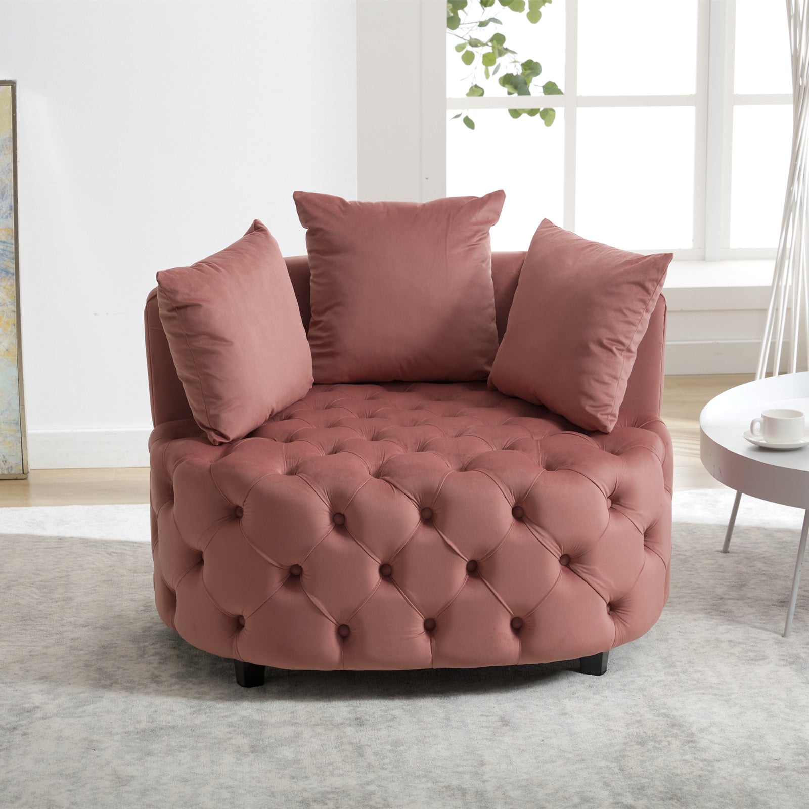 Tufted Upholstered Classical Living Room Barrel Accent Chair with Pillows- Pink_0
