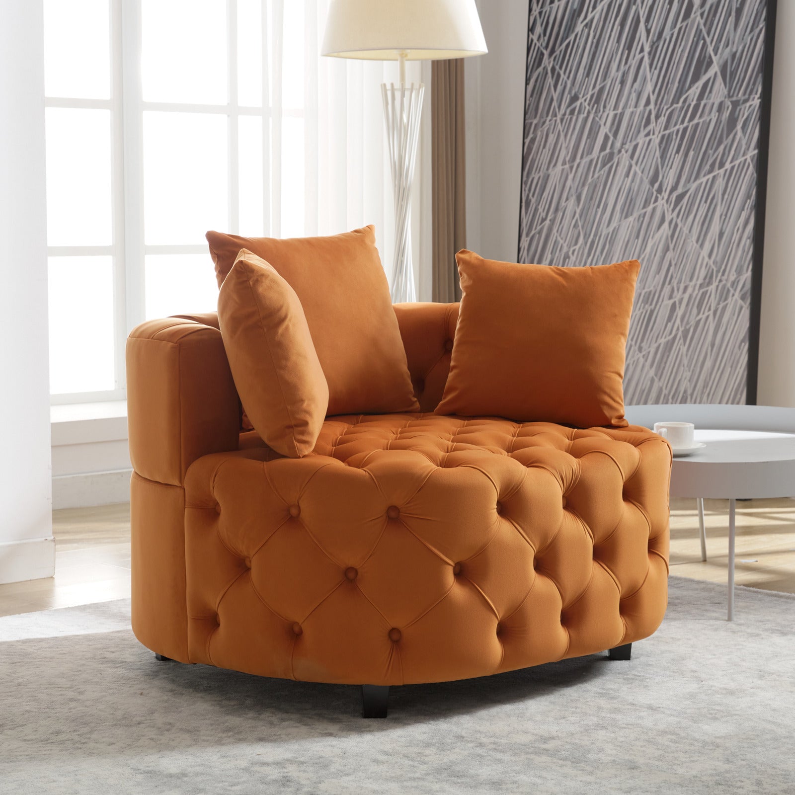 Tufted Upholstered Classical Living Room Barrel Accent Chair with Pillows- Orange_14