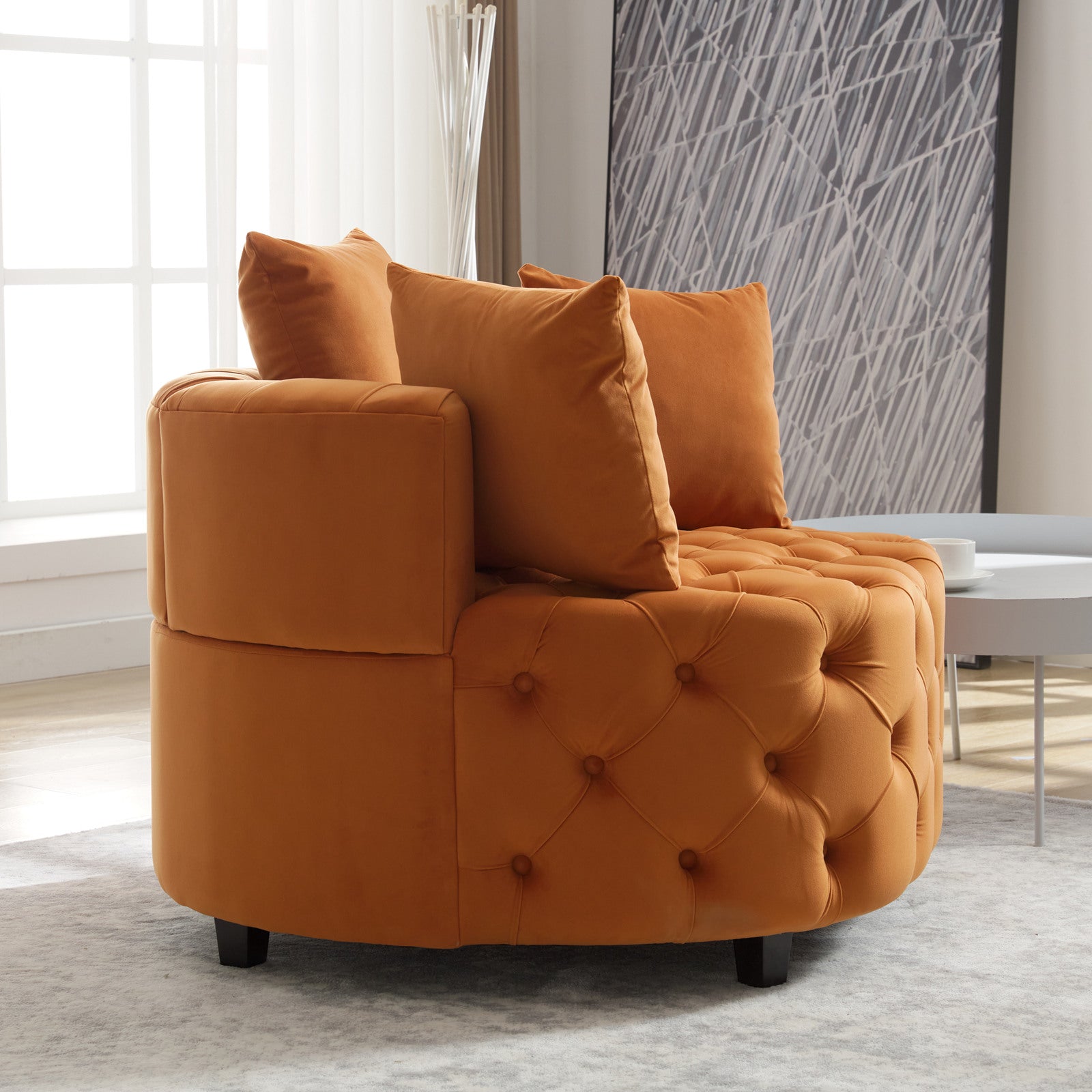 Tufted Upholstered Classical Living Room Barrel Accent Chair with Pillows- Orange_15