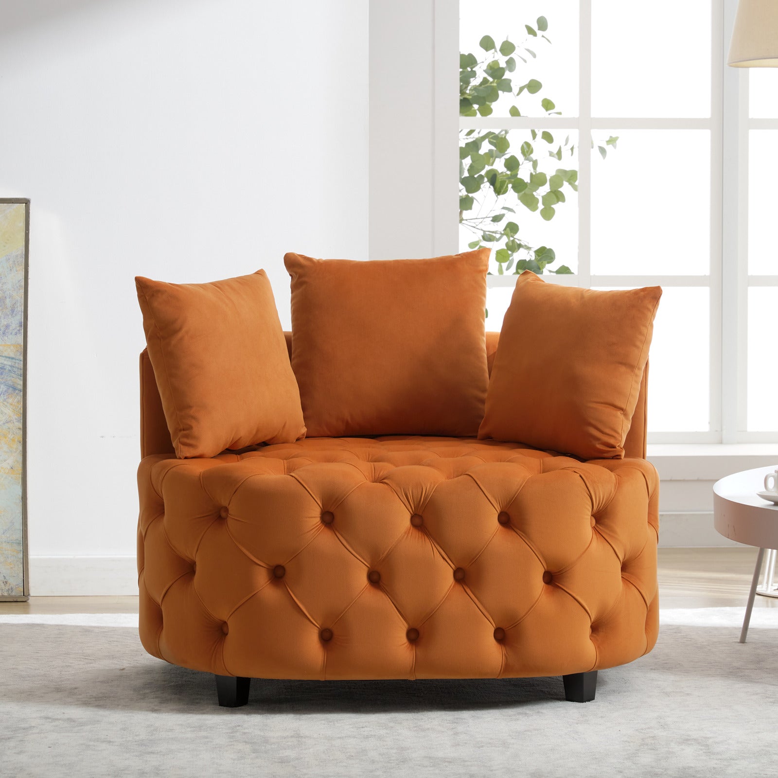 Tufted Upholstered Classical Living Room Barrel Accent Chair with Pillows- Orange_13