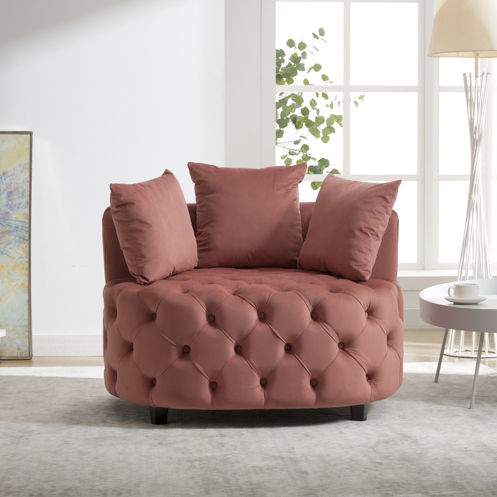 Tufted Upholstered Classical Living Room Barrel Accent Chair with Pillows- Pink_12