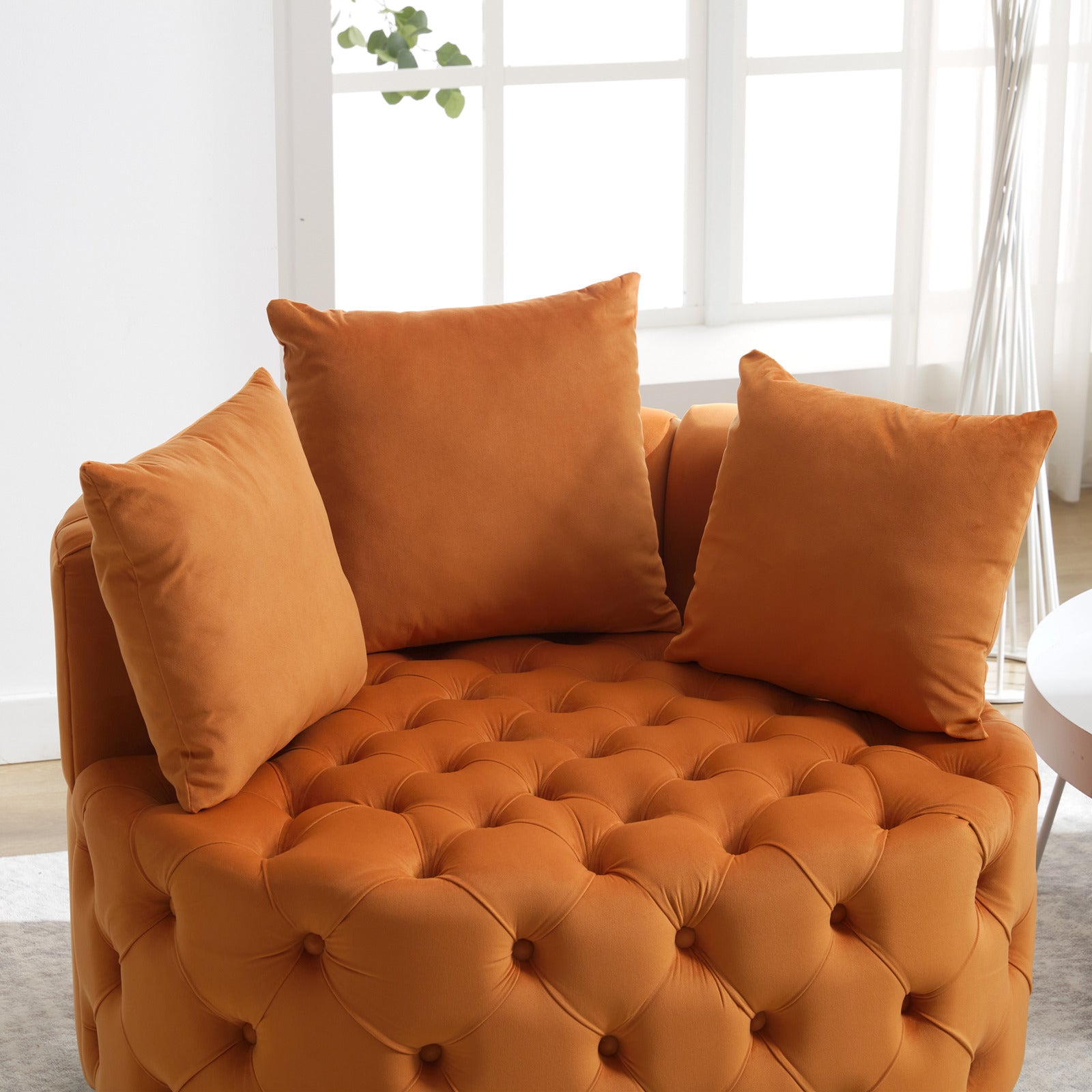 Tufted Upholstered Classical Living Room Barrel Accent Chair with Pillows- Orange_16