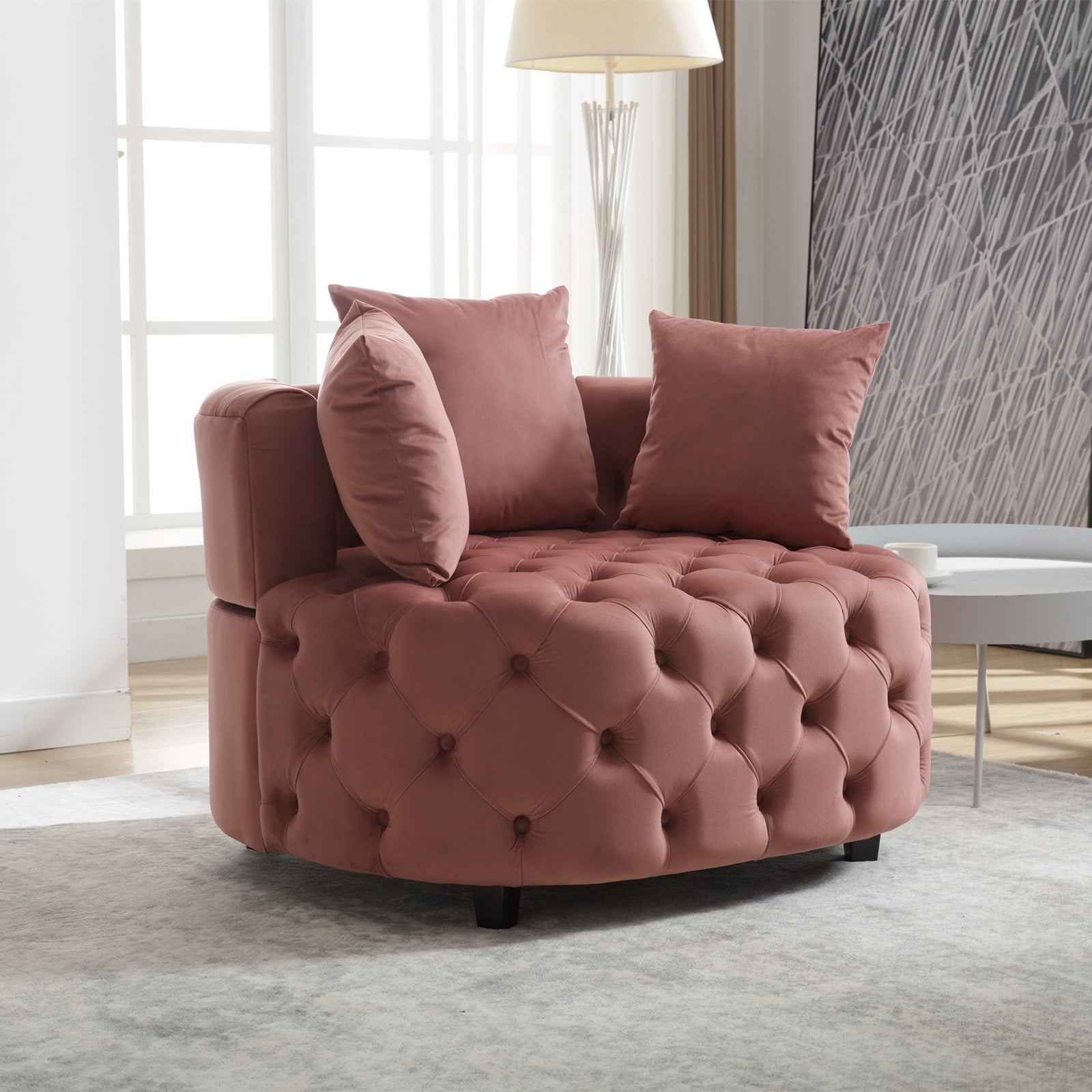 Tufted Upholstered Classical Living Room Barrel Accent Chair with Pillows- Pink_13