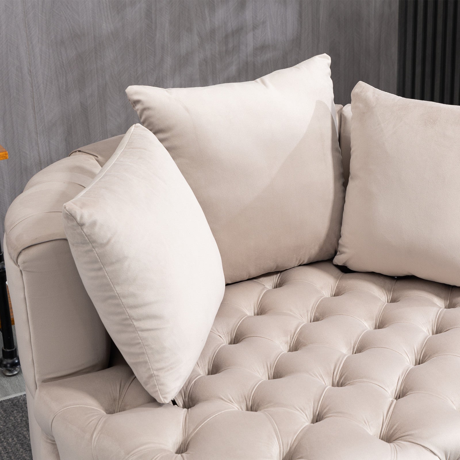 Tufted Upholstered Classical Living Room Barrel Accent Chair with Pillows- Khaki_11