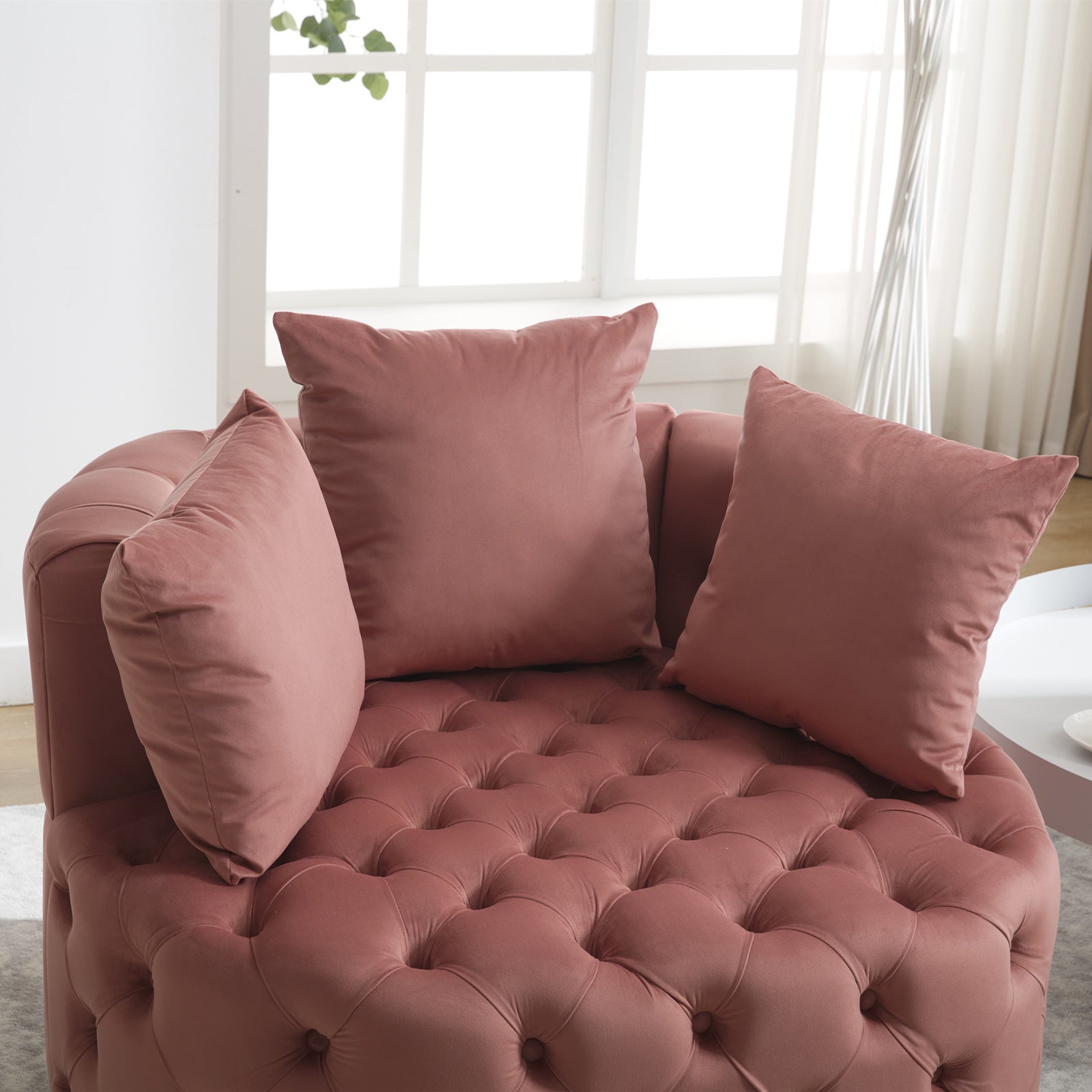 Tufted Upholstered Classical Living Room Barrel Accent Chair with Pillows- Pink_14