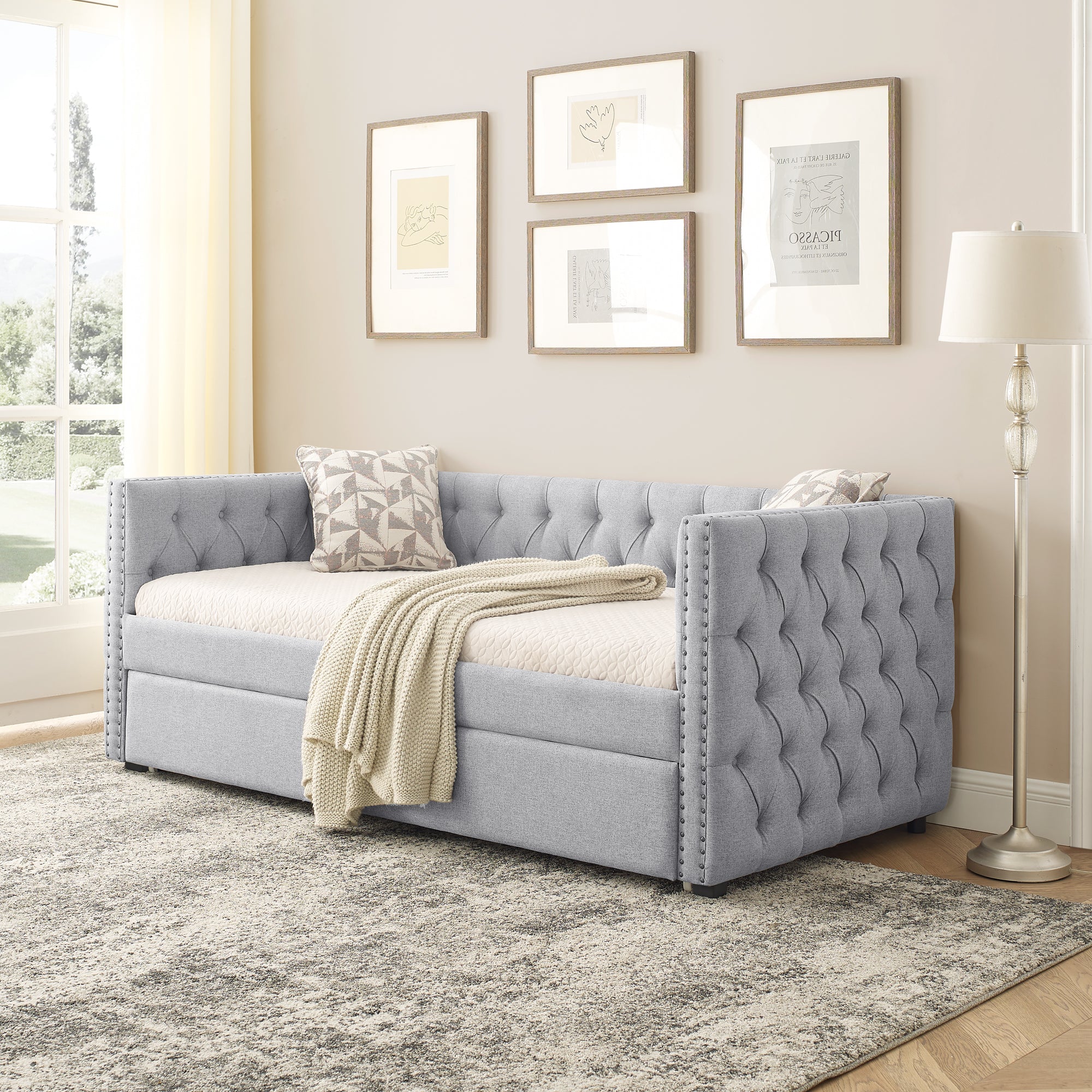 Twin Upholstered Daybed with Trundle Tufted Button Sofa Bed in Grey_2