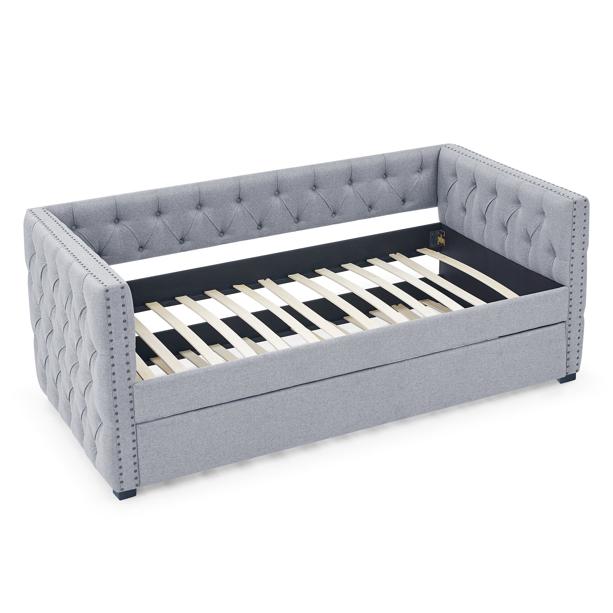 Twin Upholstered Daybed with Trundle Tufted Button Sofa Bed in Grey_4