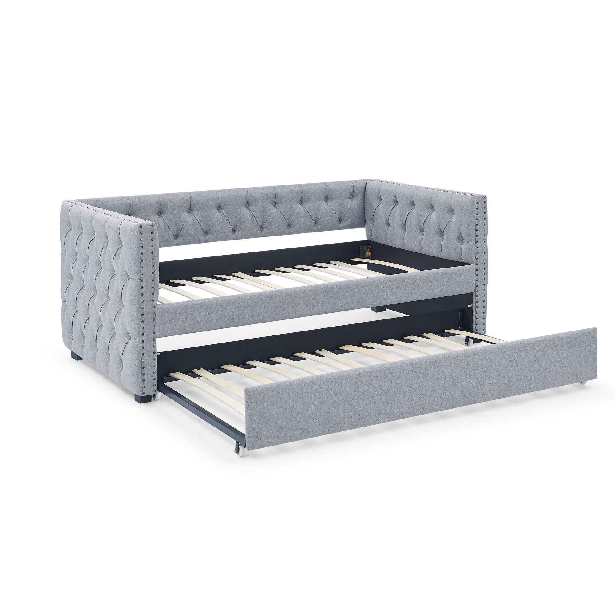 Twin Upholstered Daybed with Trundle Tufted Button Sofa Bed in Grey_7