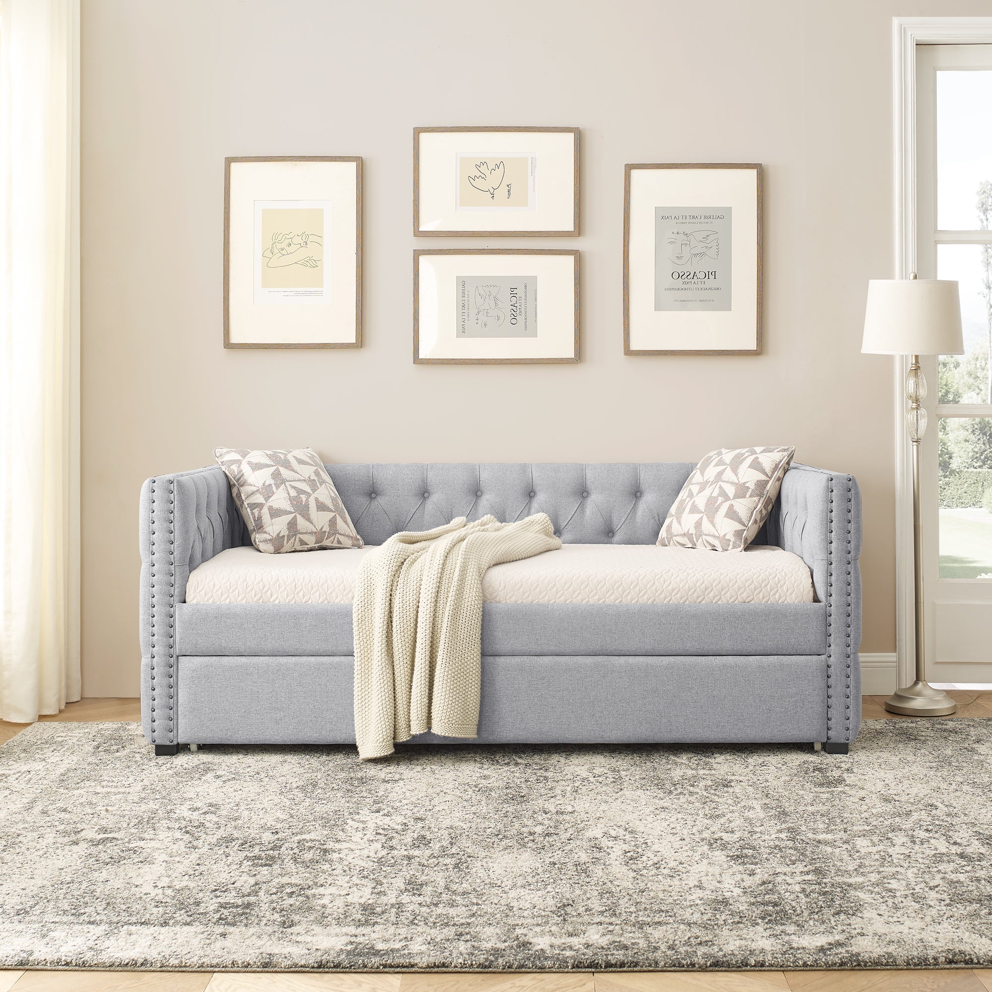 Twin Upholstered Daybed with Trundle Tufted Button Sofa Bed in Grey_3