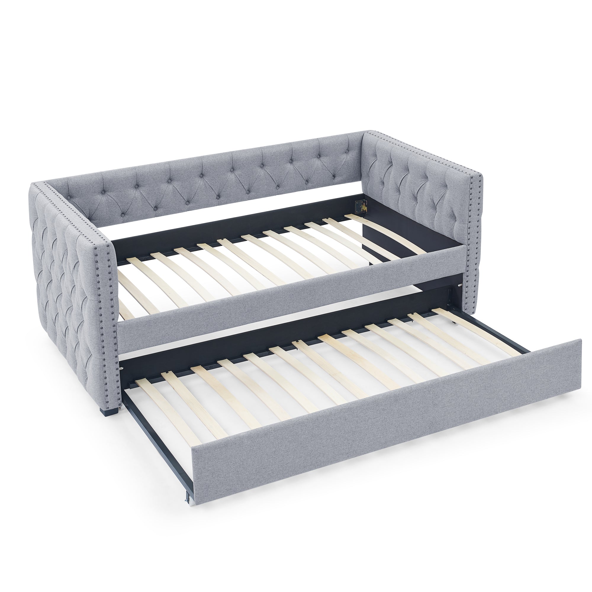 Twin Upholstered Daybed with Trundle Tufted Button Sofa Bed in Grey_6