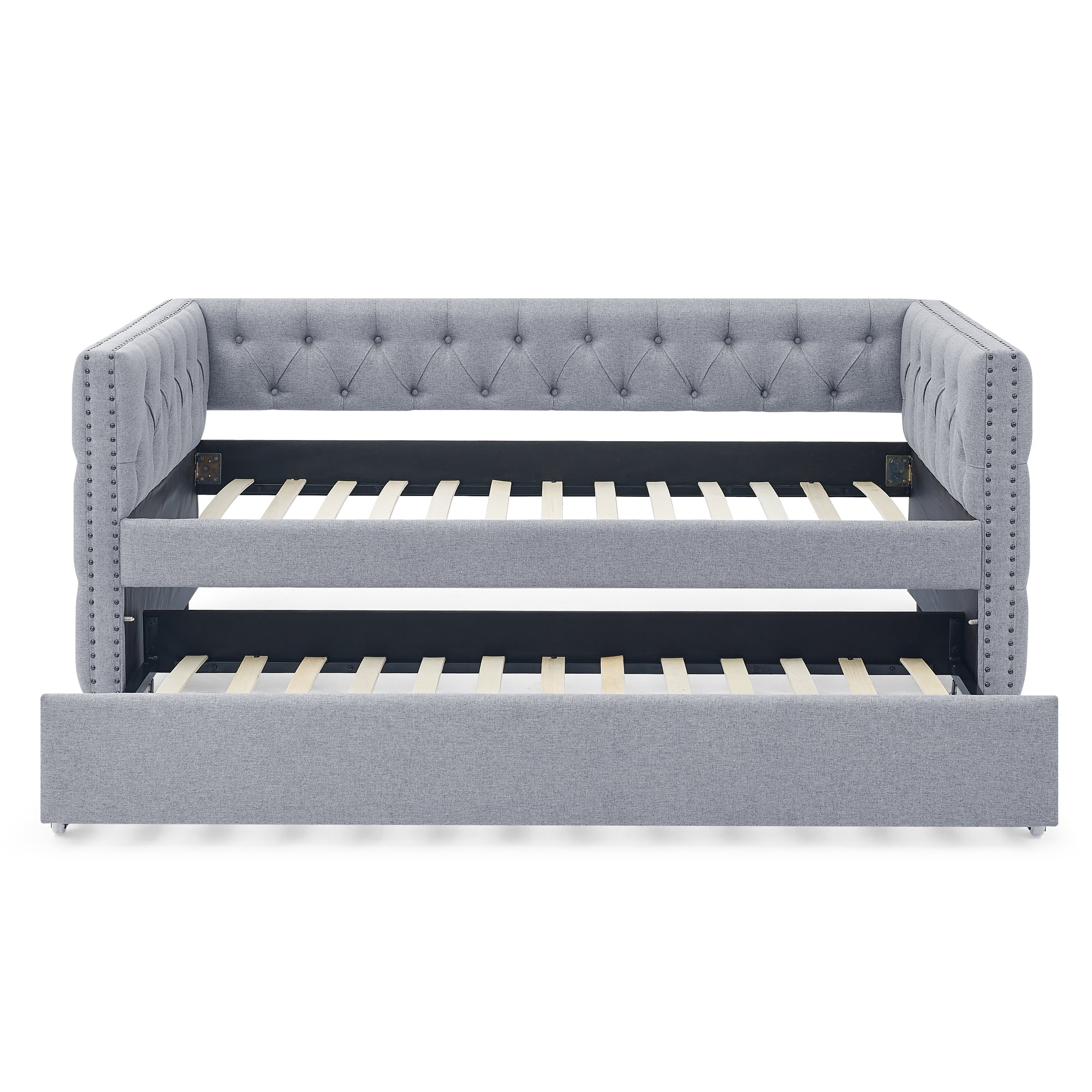 Twin Upholstered Daybed with Trundle Tufted Button Sofa Bed in Grey_5