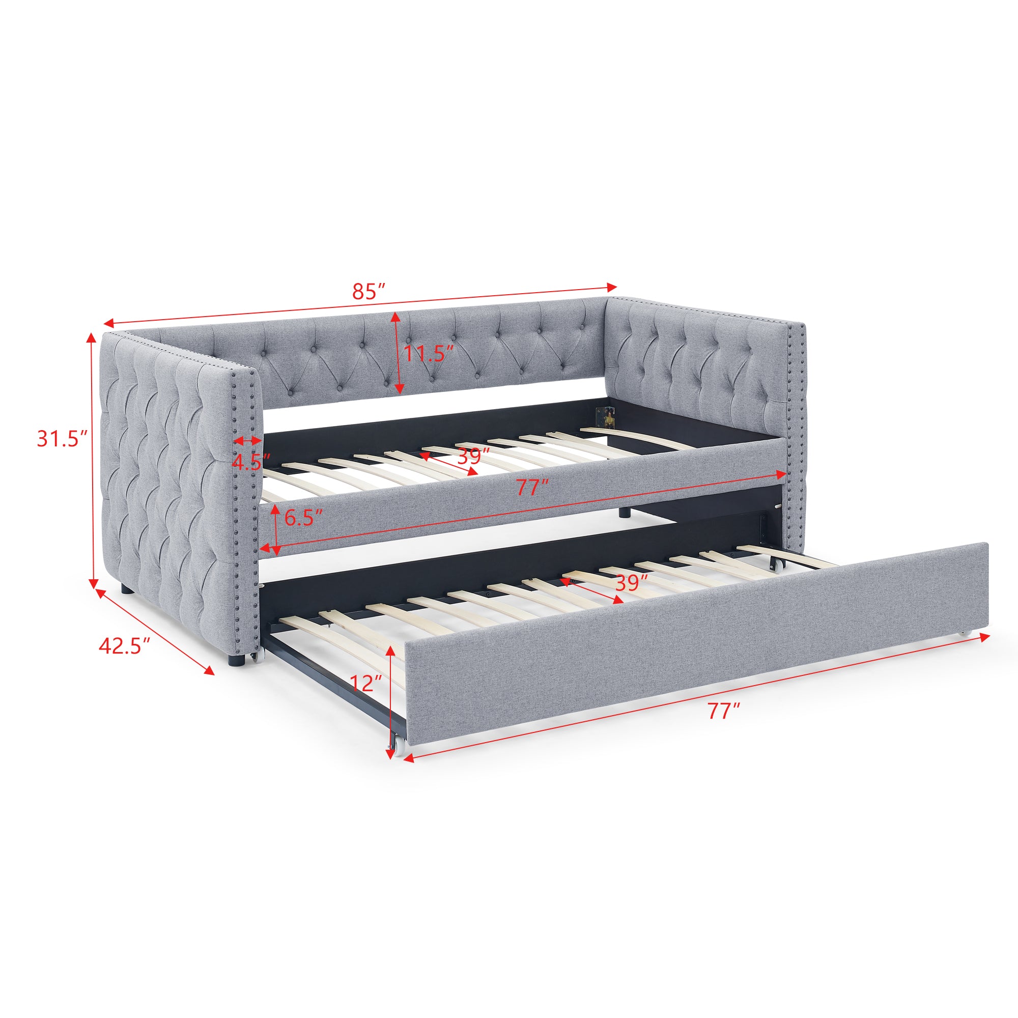 Twin Upholstered Daybed with Trundle Tufted Button Sofa Bed in Grey_12