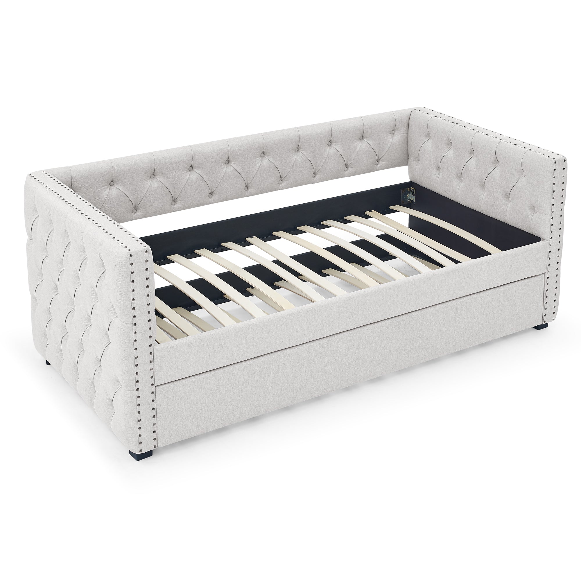 Twin Size Daybed with Trundle Upholstered Tufted Sofa Bed with Button and Copper Nails- Beige_5