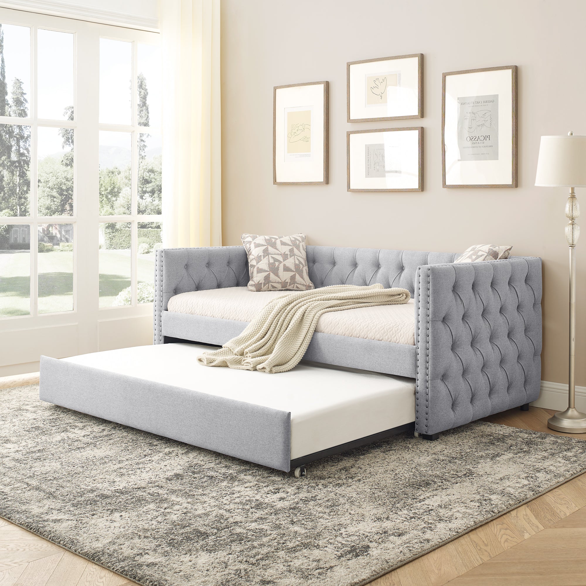 Twin Upholstered Daybed with Trundle Tufted Button Sofa Bed in Grey_0
