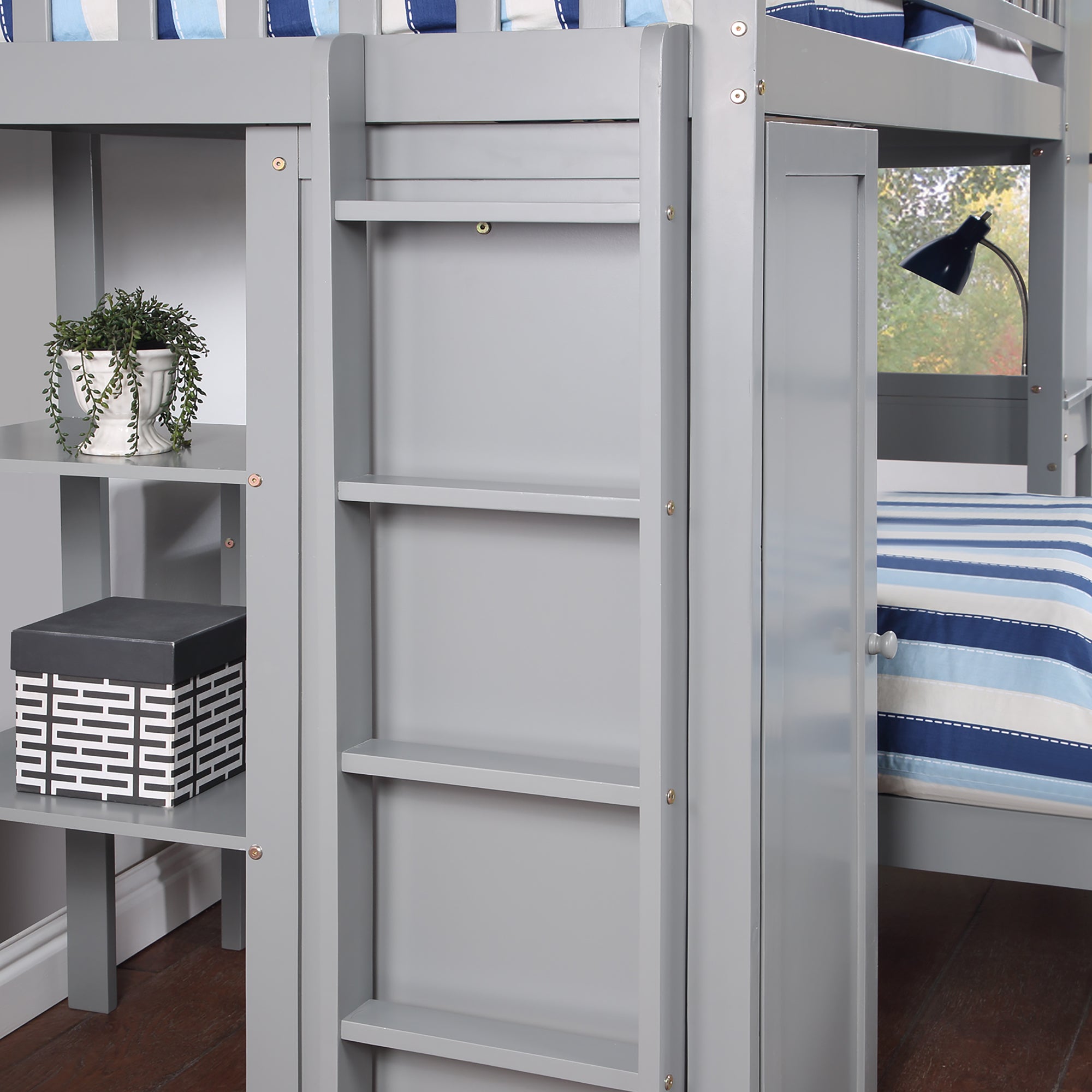 Twin Size Loft Bed with Closet and Desk and Extra Bottom Twin Bed- Grey_10