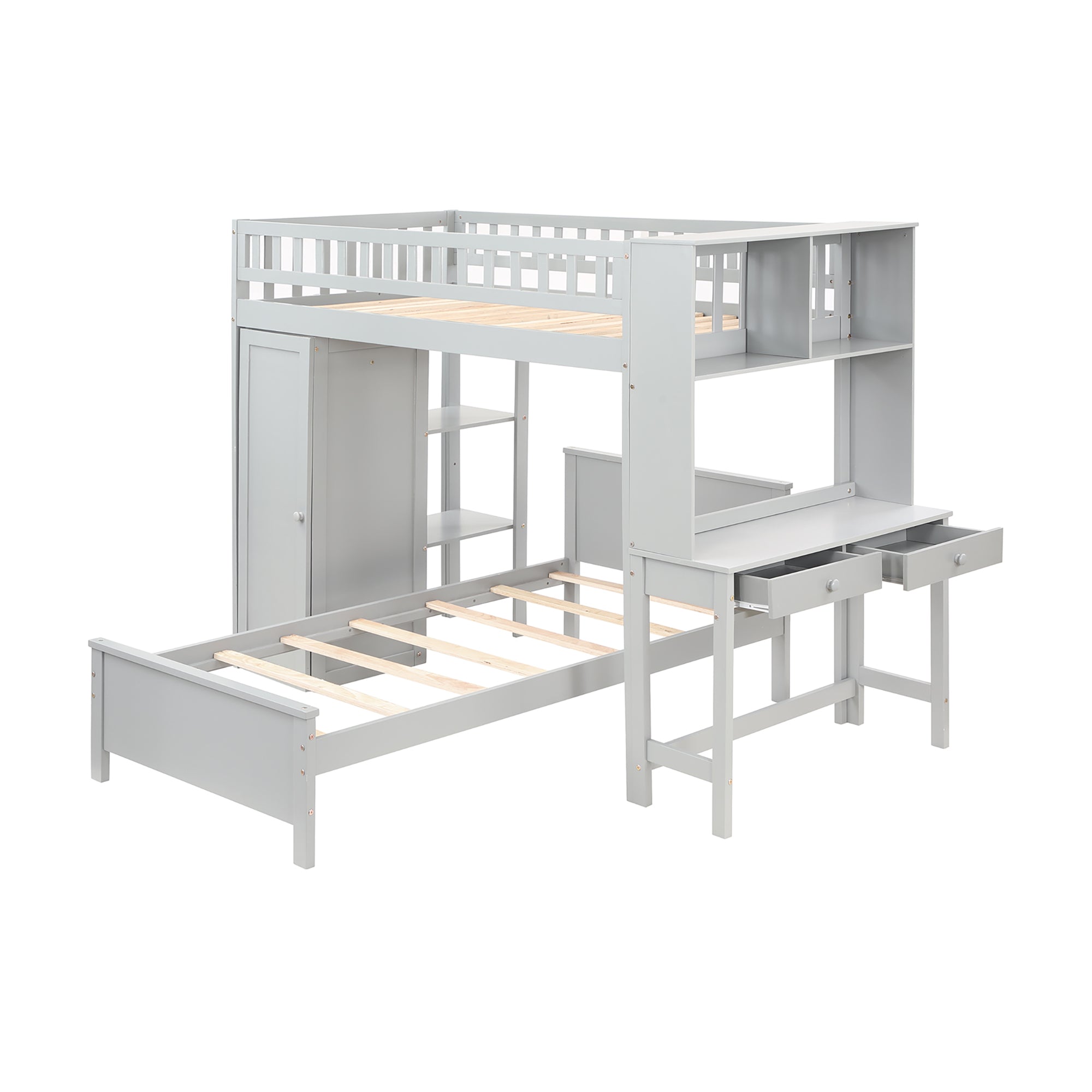 Twin Size Loft Bed with Closet and Desk and Extra Bottom Twin Bed- Grey_13