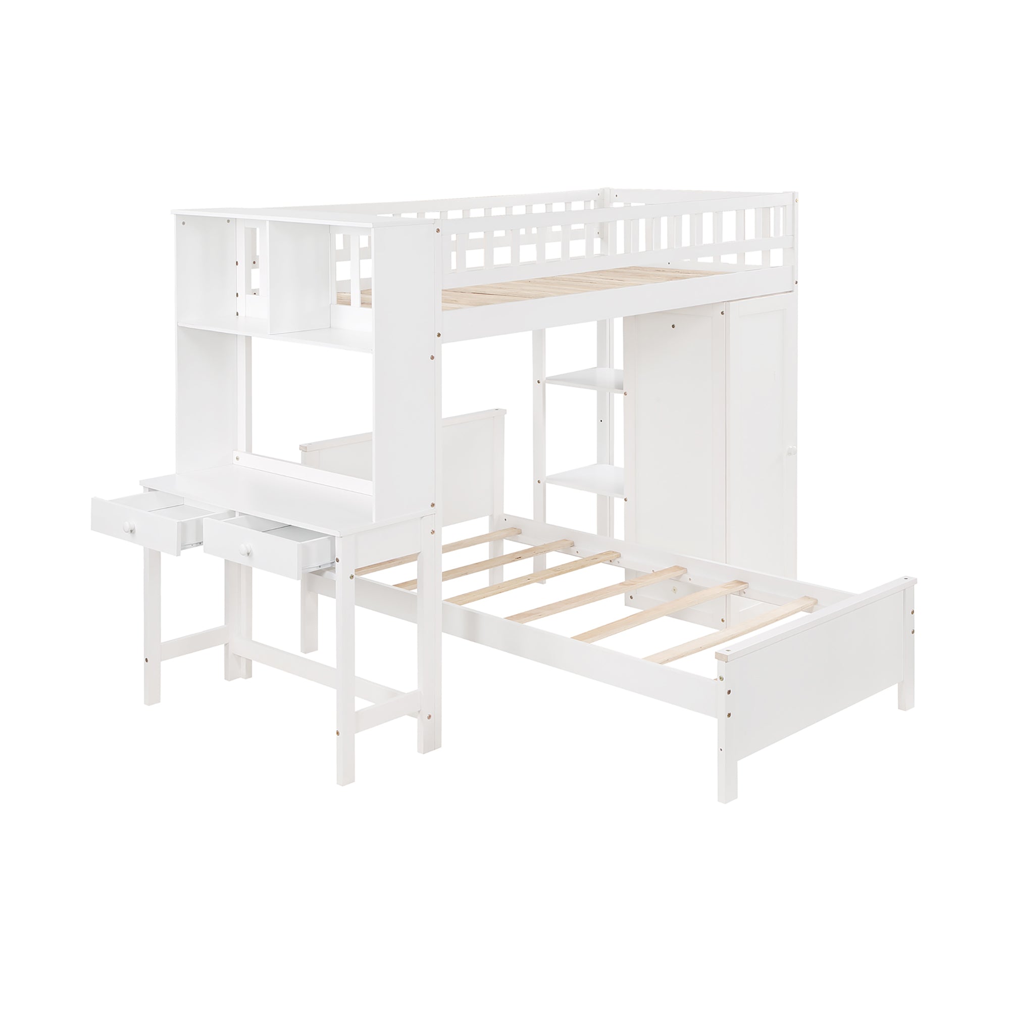 Twin Size Loft Bed with Closet and Desk and Extra Bottom Twin Bed- White_20