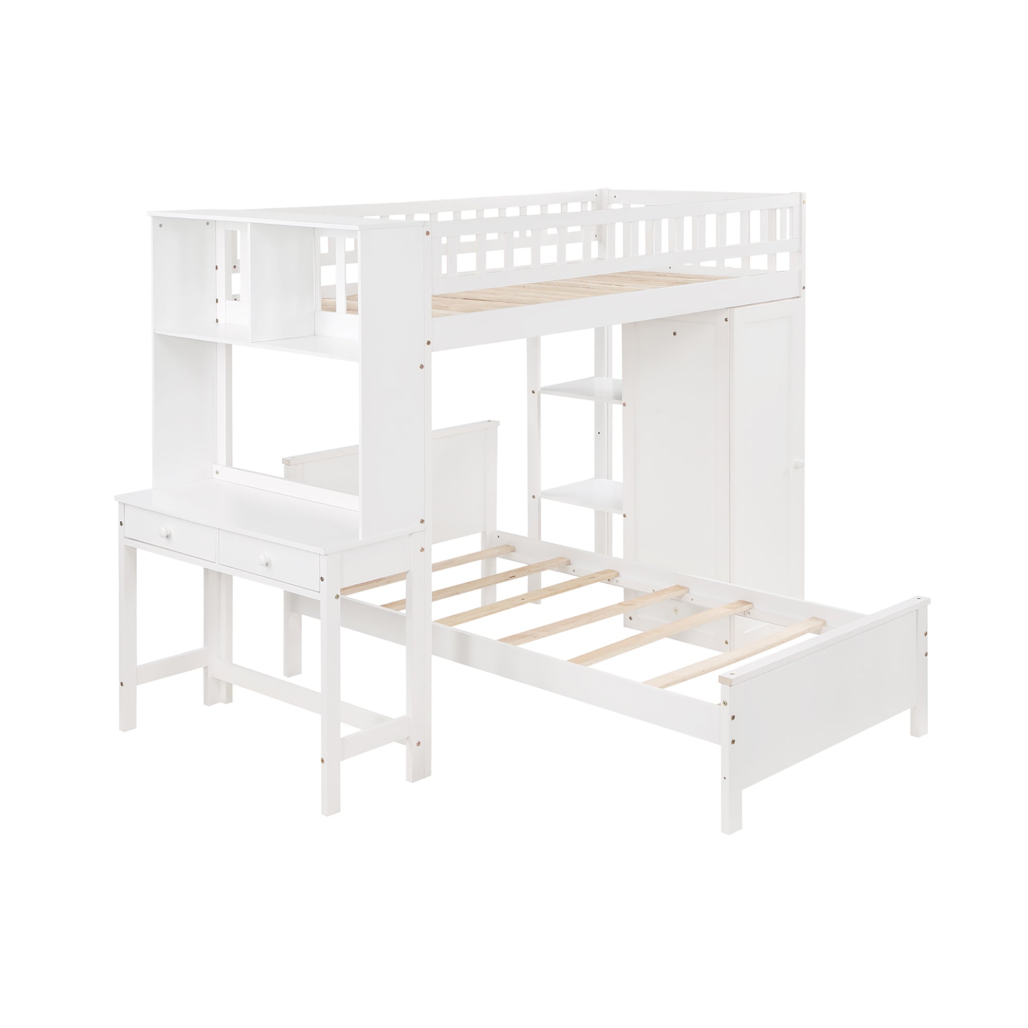 Twin Size Loft Bed with Closet and Desk and Extra Bottom Twin Bed- White_18