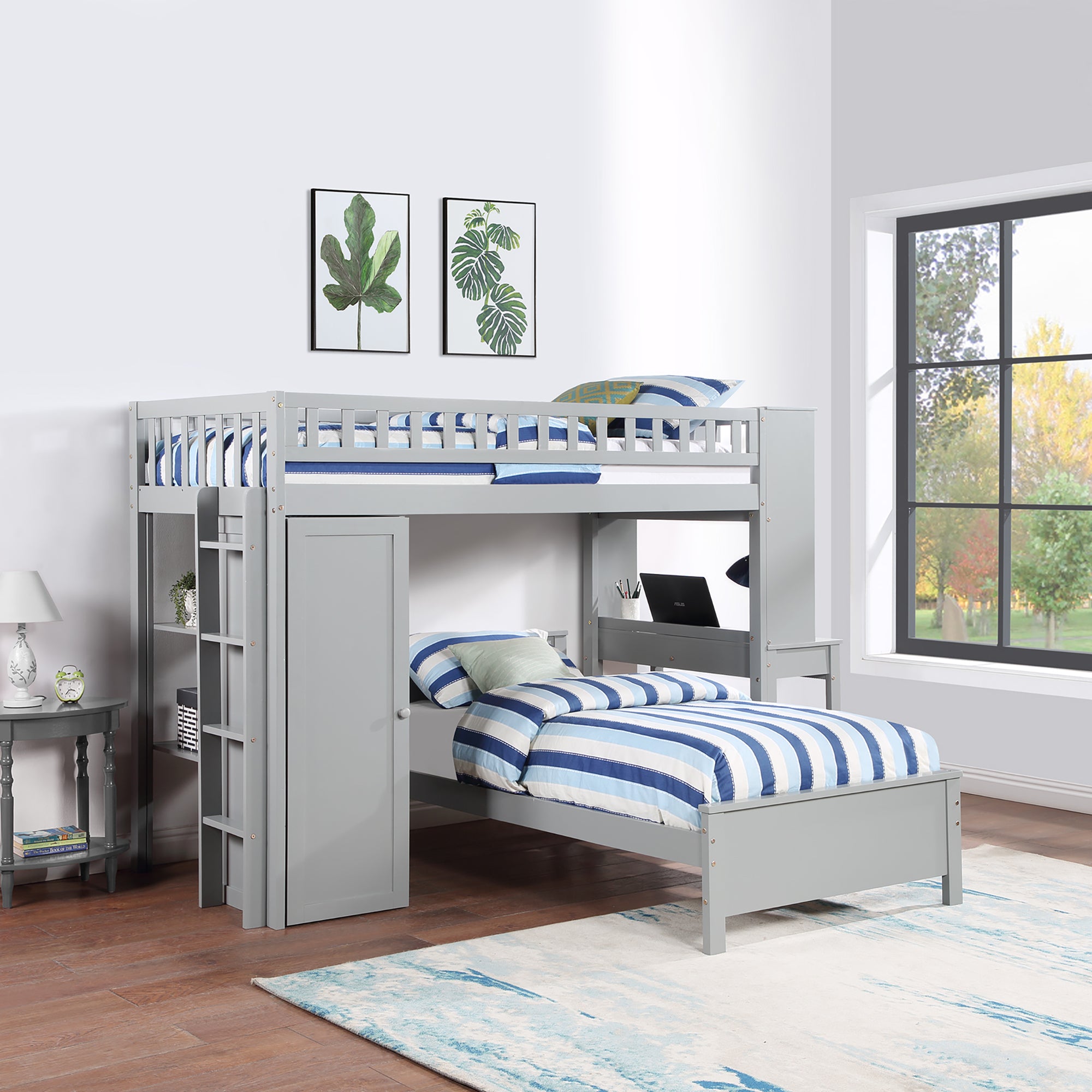 Twin Size Loft Bed with Closet and Desk and Extra Bottom Twin Bed- Grey_6