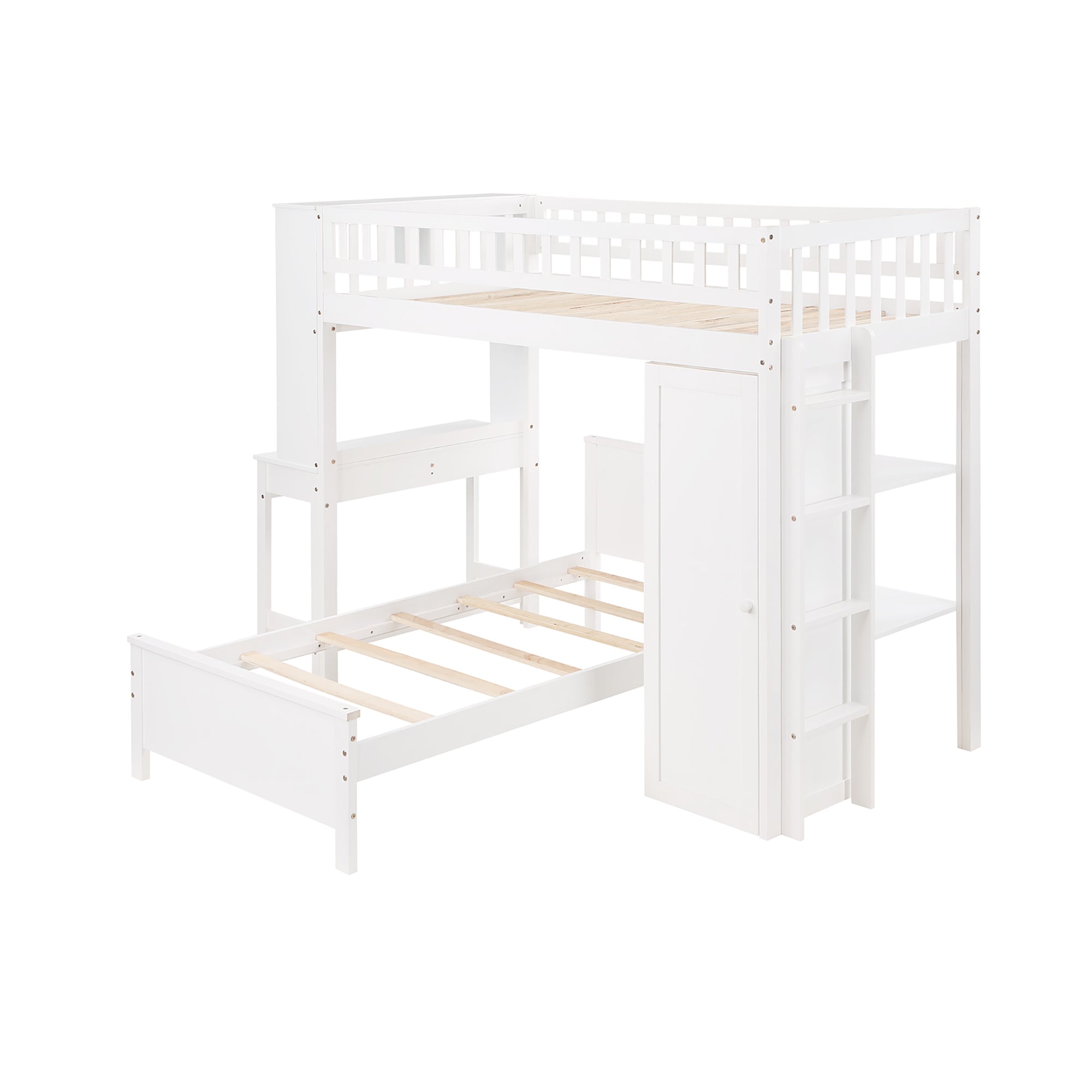 Twin Size Loft Bed with Closet and Desk and Extra Bottom Twin Bed- White_13