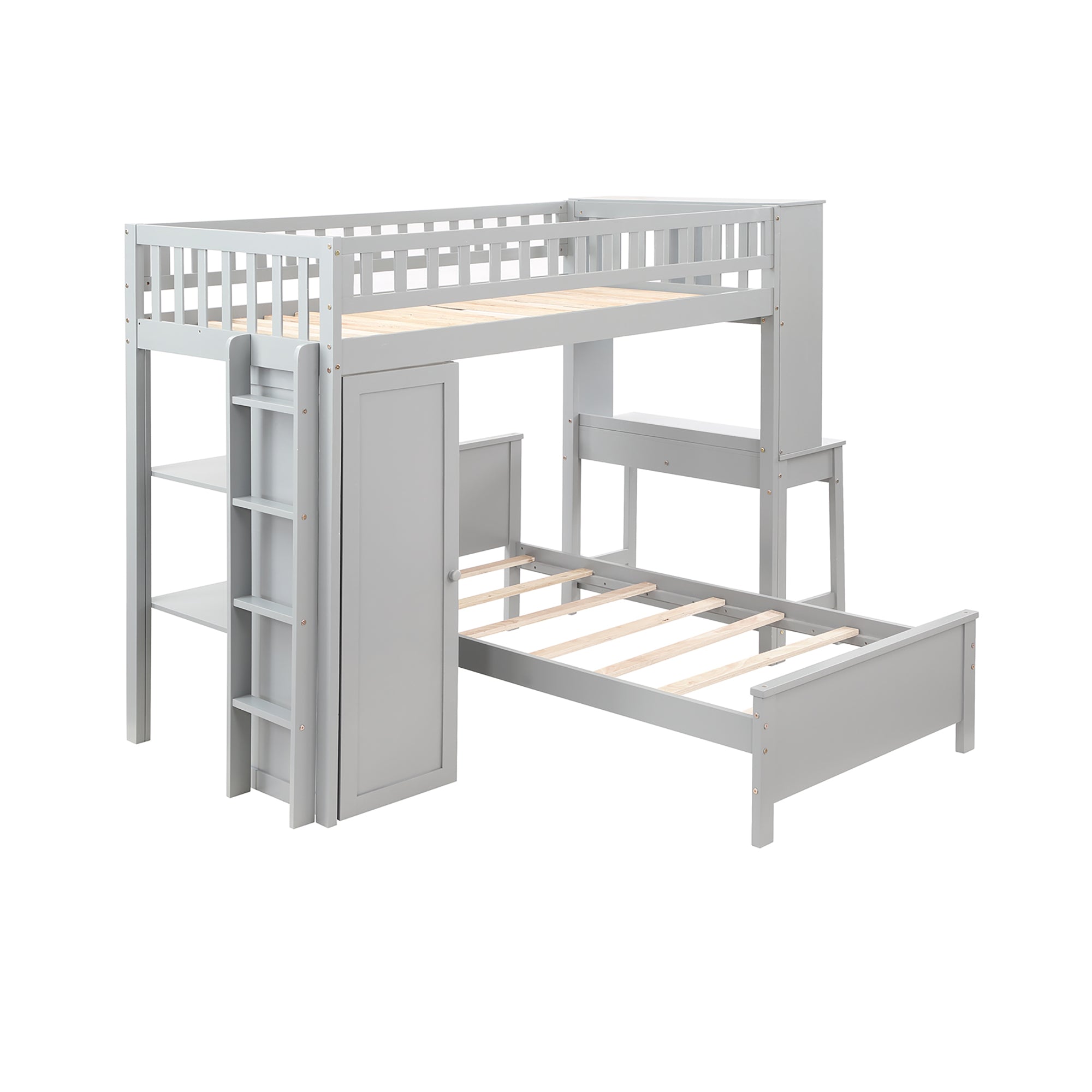 Twin Size Loft Bed with Closet and Desk and Extra Bottom Twin Bed- Grey_20
