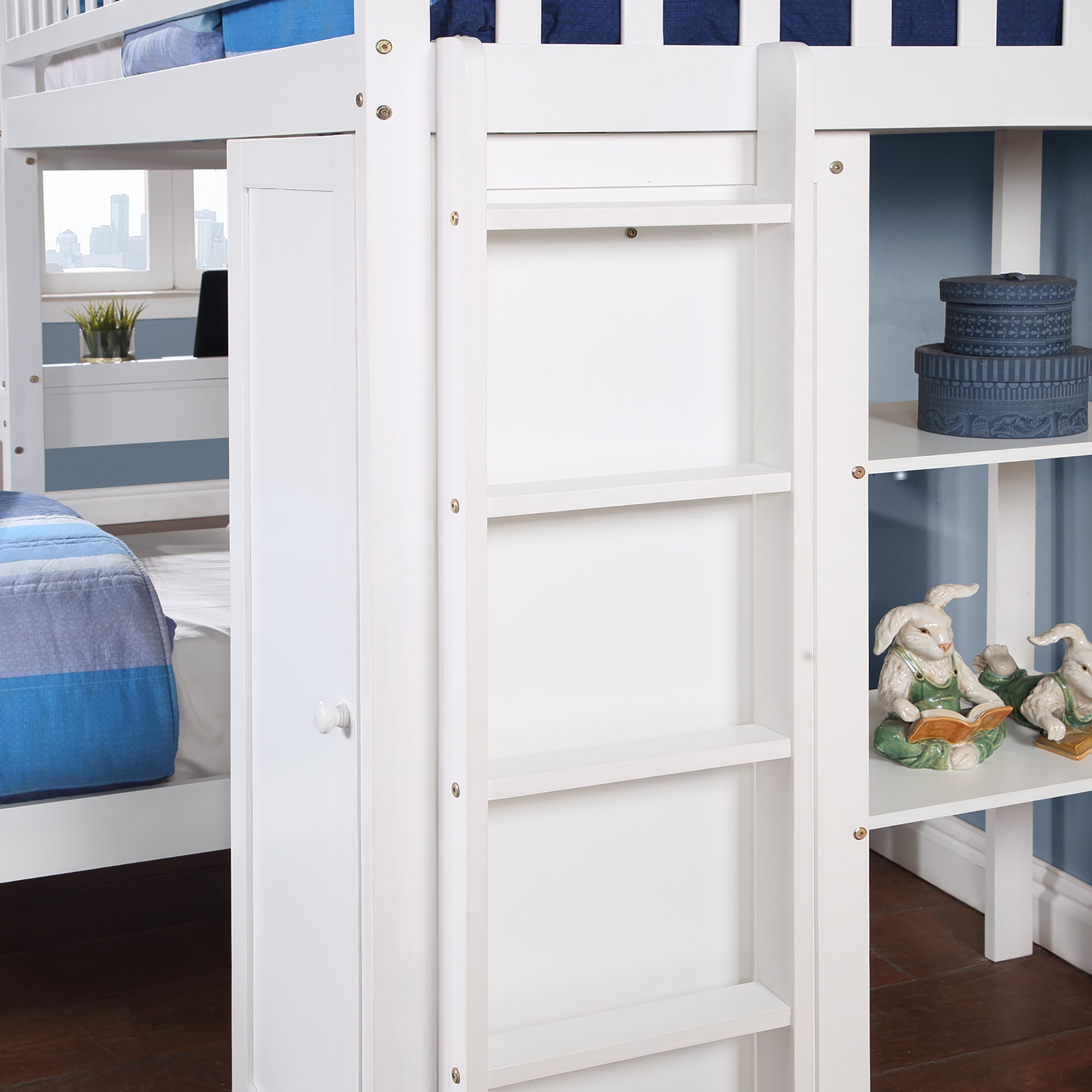 Twin Size Loft Bed with Closet and Desk and Extra Bottom Twin Bed- White_8