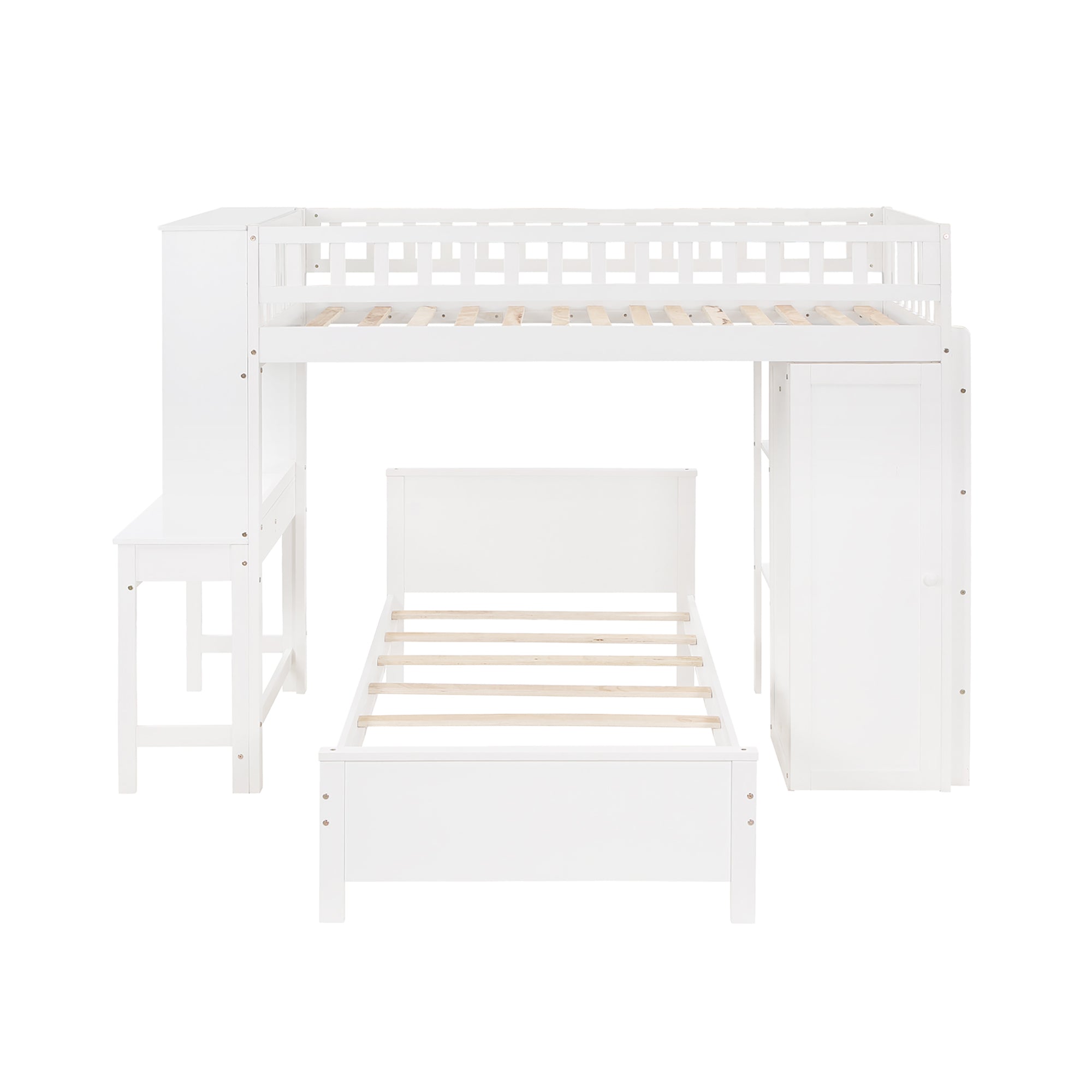 Twin Size Loft Bed with Closet and Desk and Extra Bottom Twin Bed- White_16