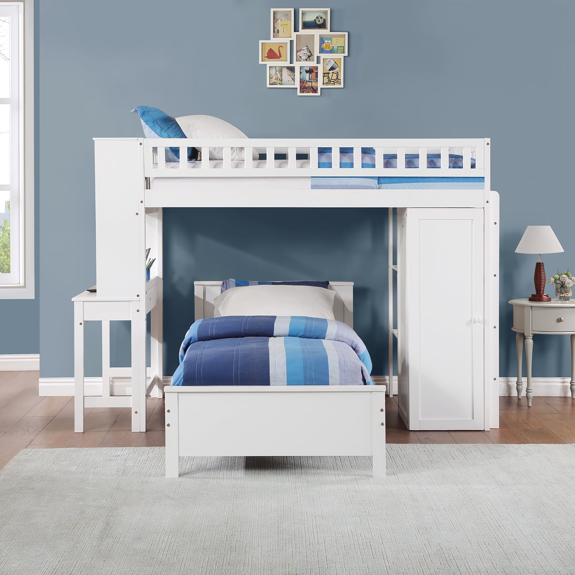 Twin Size Loft Bed with Closet and Desk and Extra Bottom Twin Bed- White_4