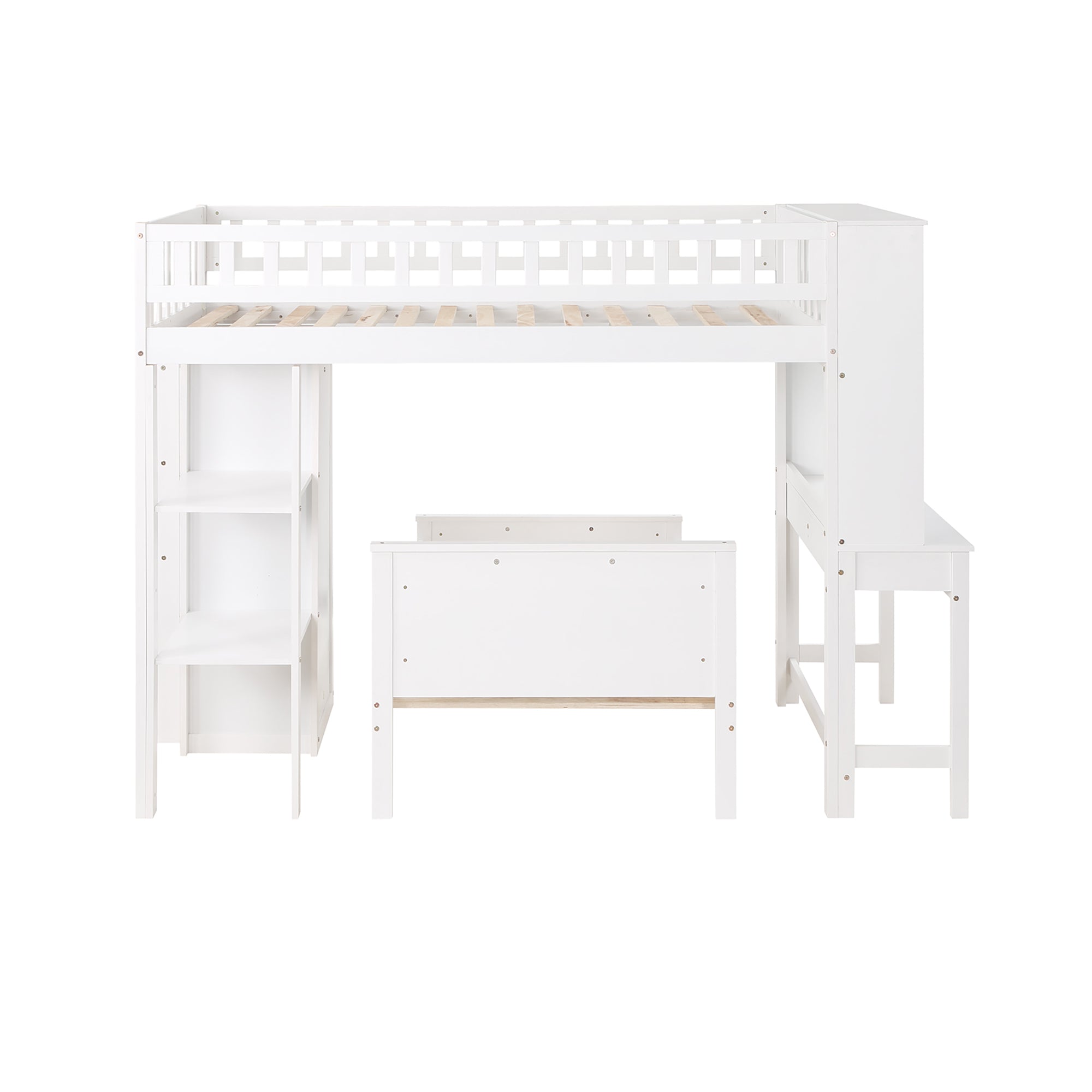 Twin Size Loft Bed with Closet and Desk and Extra Bottom Twin Bed- White_21