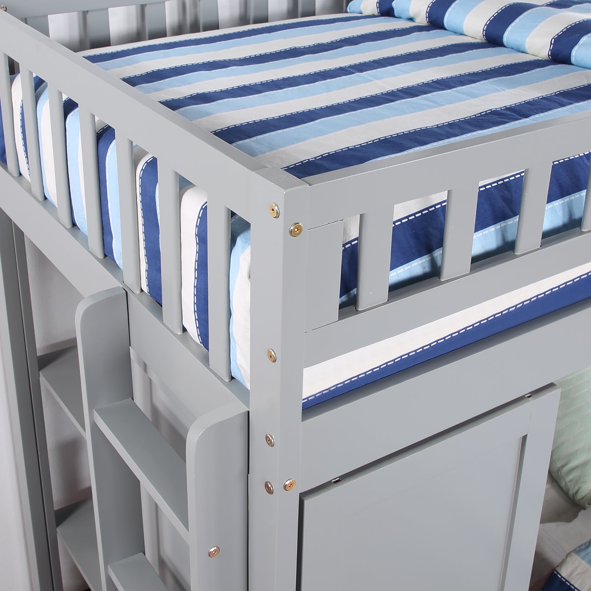 Twin Size Loft Bed with Closet and Desk and Extra Bottom Twin Bed- Grey_11