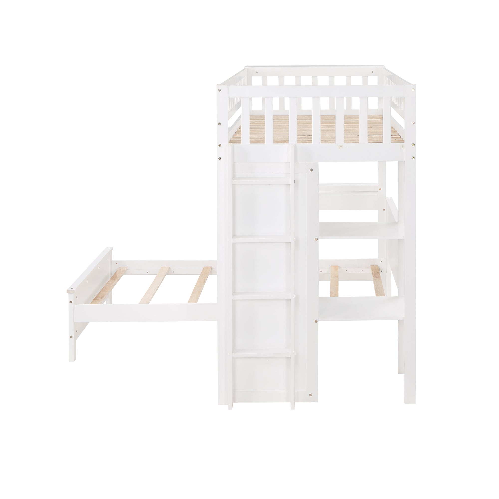Twin Size Loft Bed with Closet and Desk and Extra Bottom Twin Bed- White_12