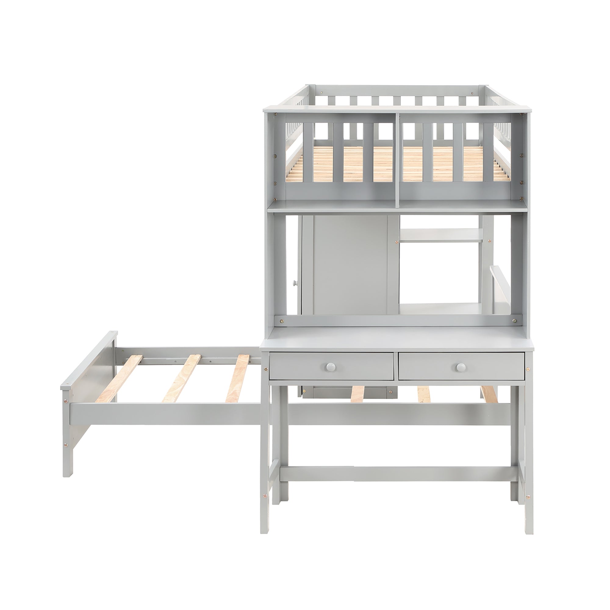 Twin Size Loft Bed with Closet and Desk and Extra Bottom Twin Bed- Grey_14