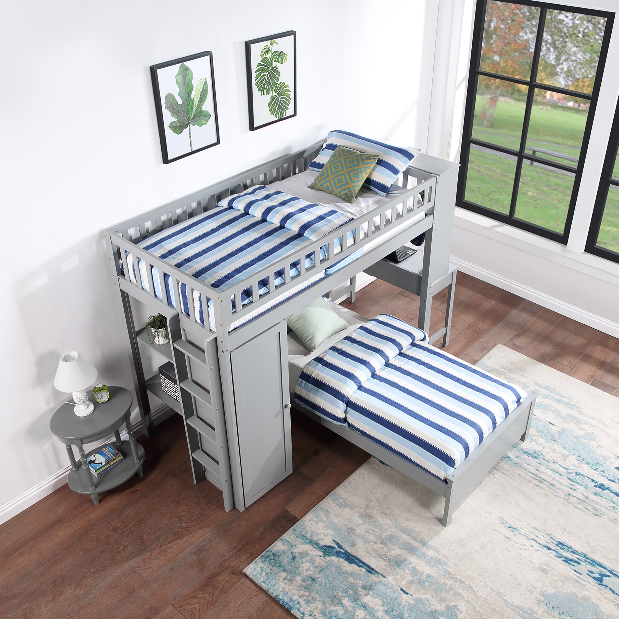 Twin Size Loft Bed with Closet and Desk and Extra Bottom Twin Bed- Grey_2