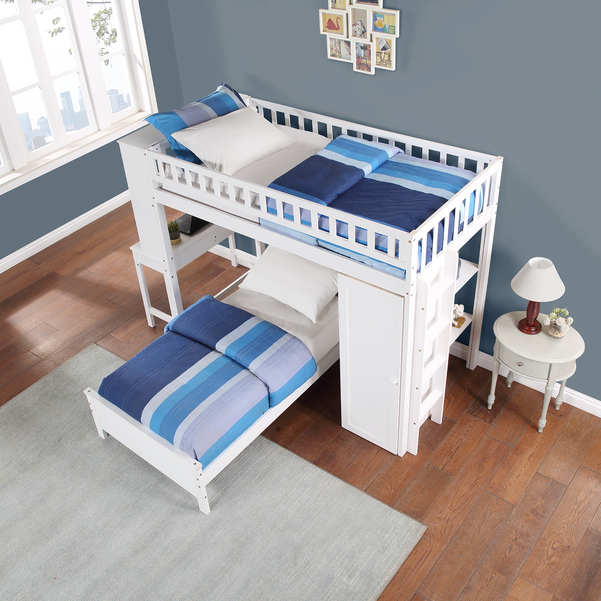 Twin Size Loft Bed with Closet and Desk and Extra Bottom Twin Bed- White_3