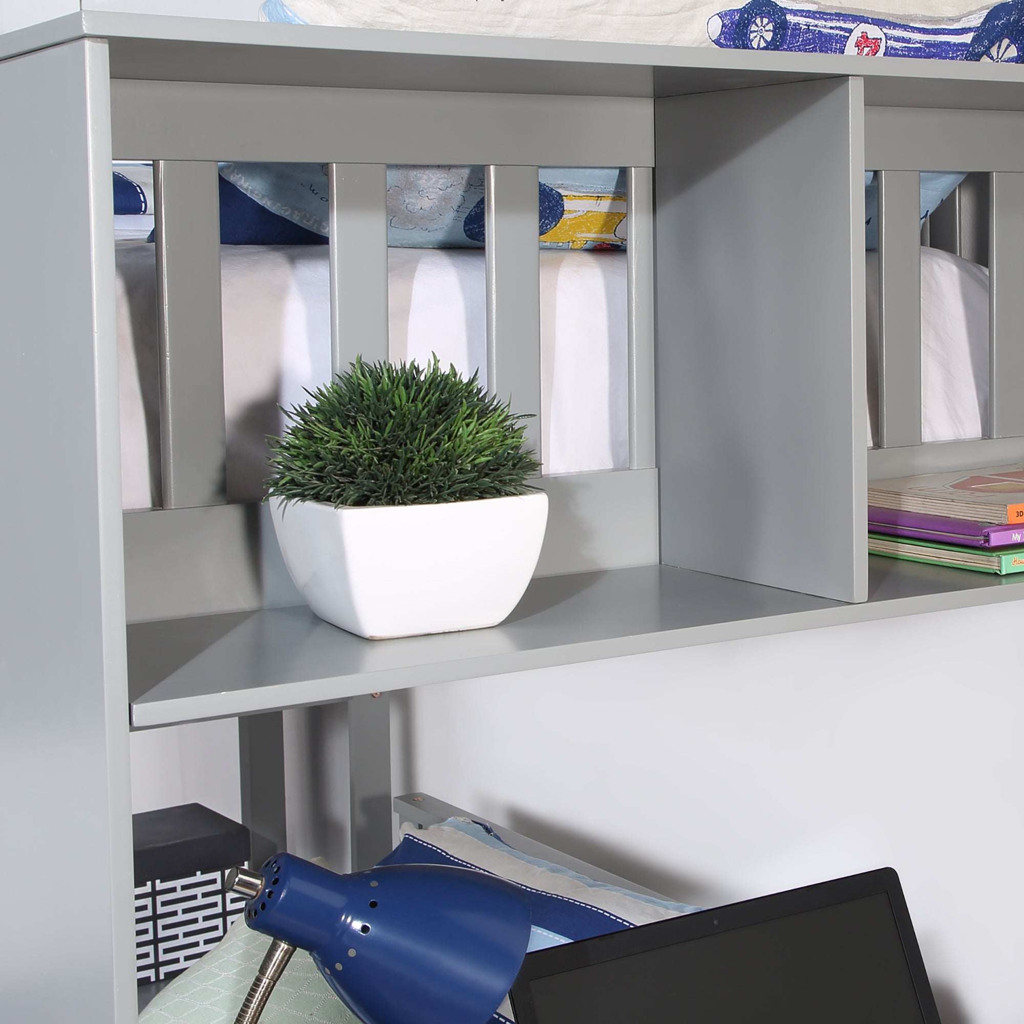 Twin Size Loft Bed with Closet and Desk and Extra Bottom Twin Bed- Grey_8