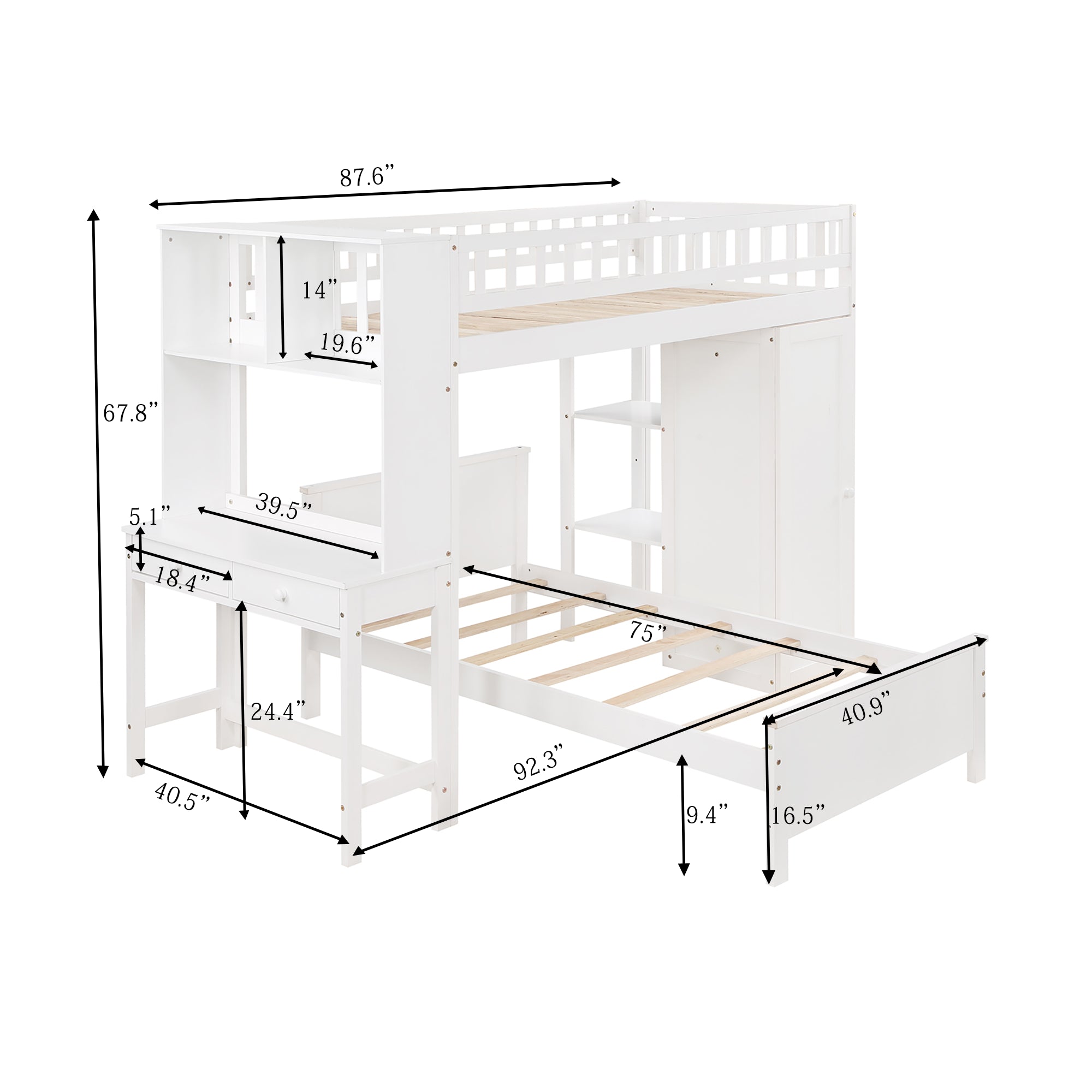 Twin Size Loft Bed with Closet and Desk and Extra Bottom Twin Bed- White_23