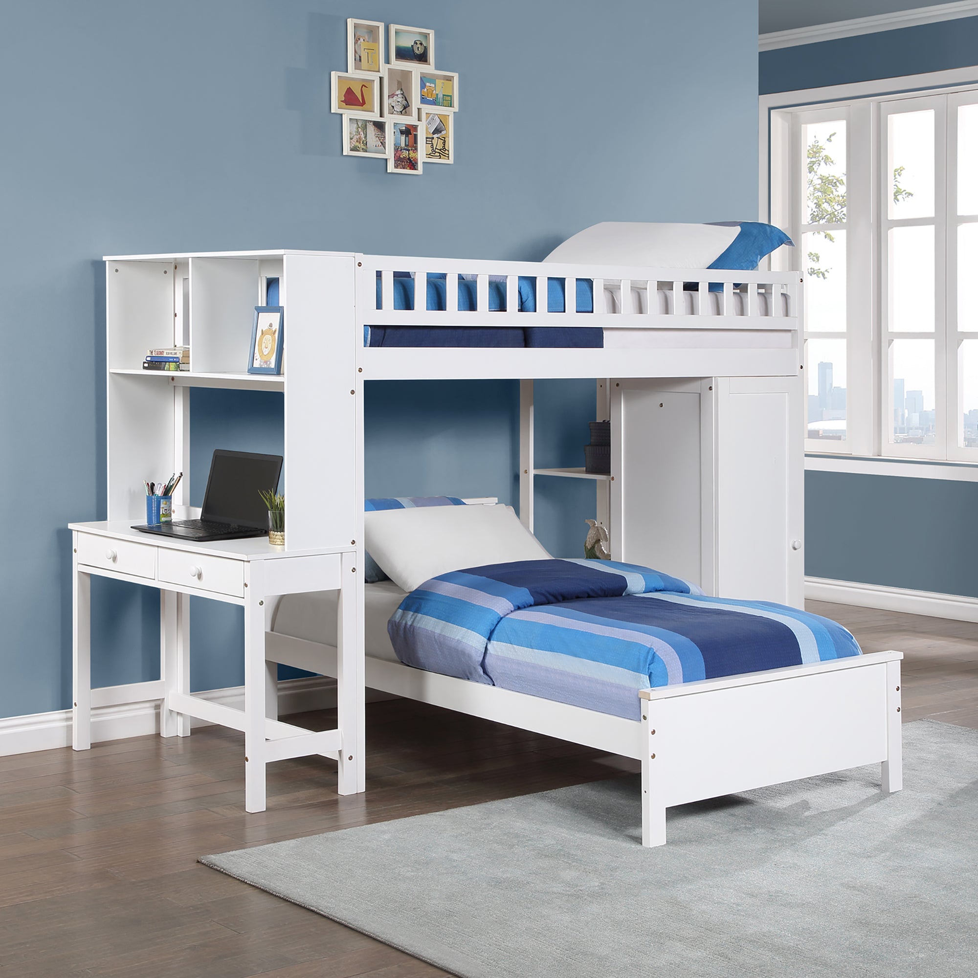 Twin Size Loft Bed with Closet and Desk and Extra Bottom Twin Bed- White_5