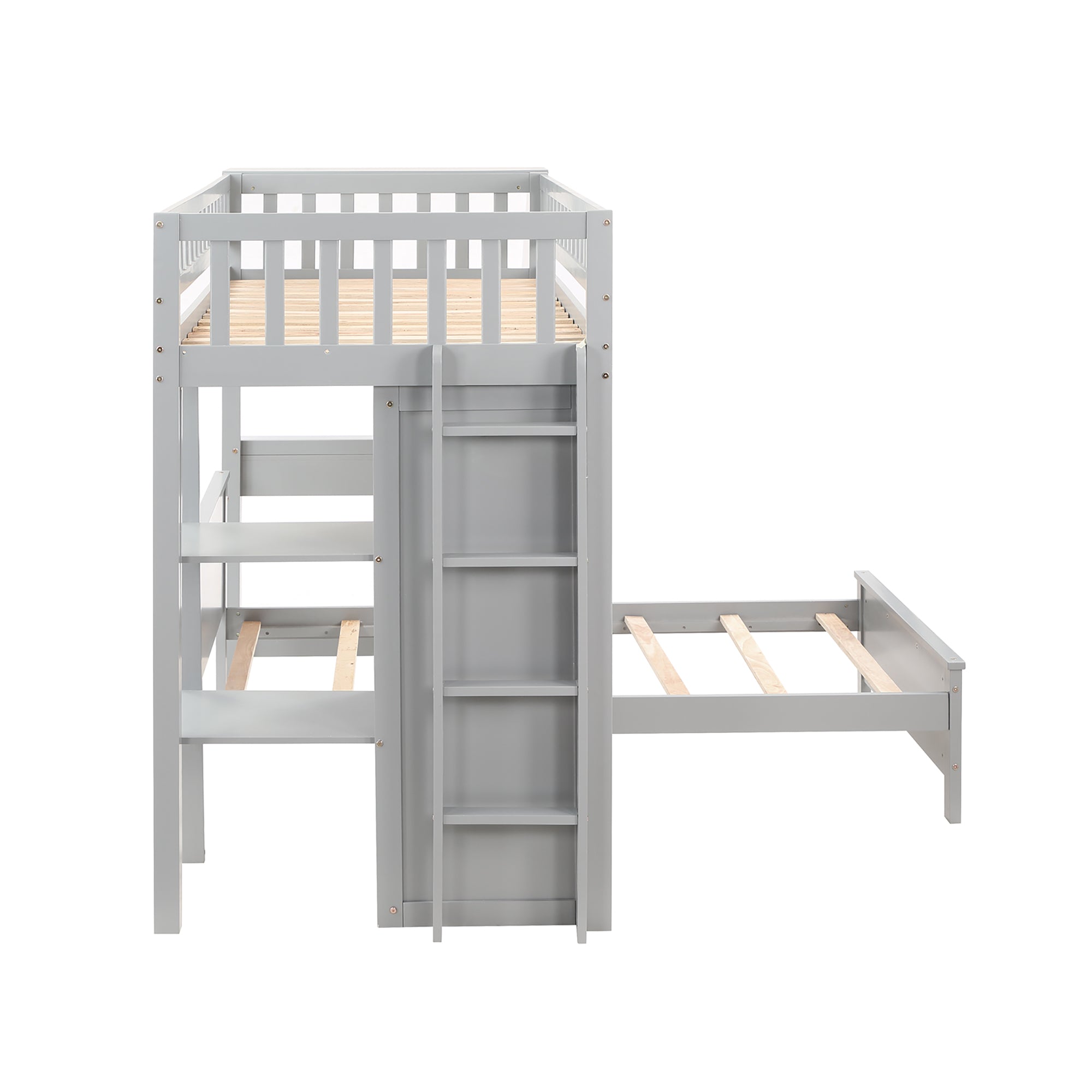 Twin Size Loft Bed with Closet and Desk and Extra Bottom Twin Bed- Grey_21