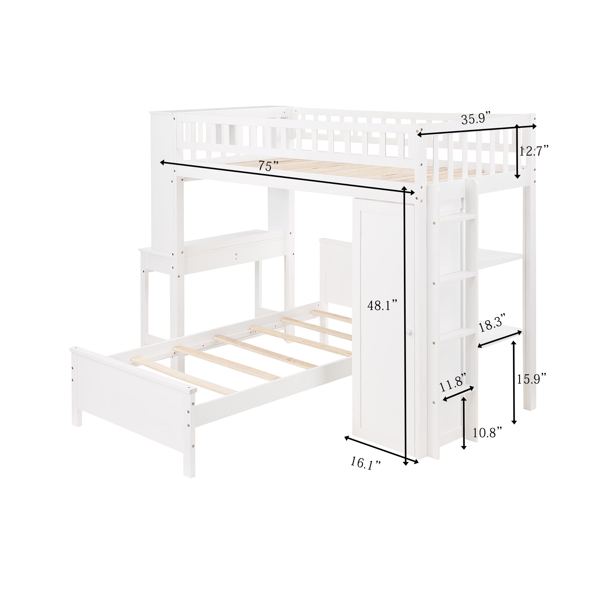 Twin Size Loft Bed with Closet and Desk and Extra Bottom Twin Bed- White_22