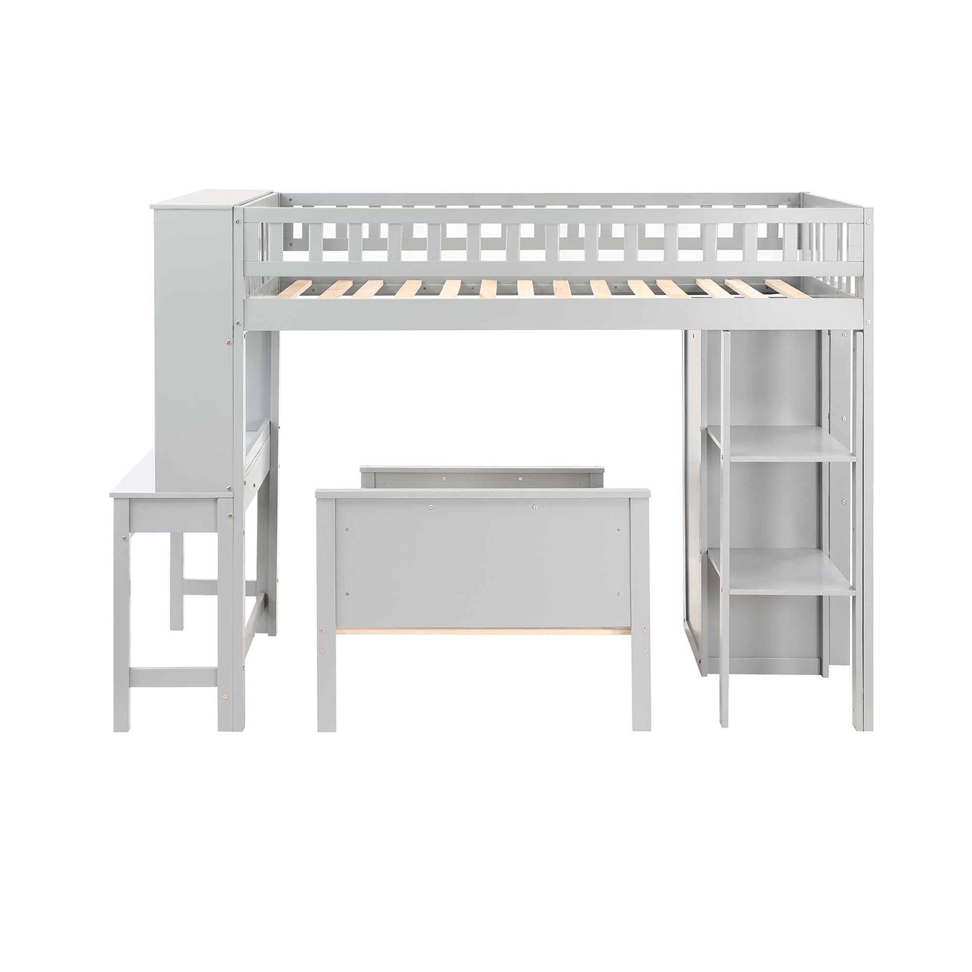 Twin Size Loft Bed with Closet and Desk and Extra Bottom Twin Bed- Grey_18