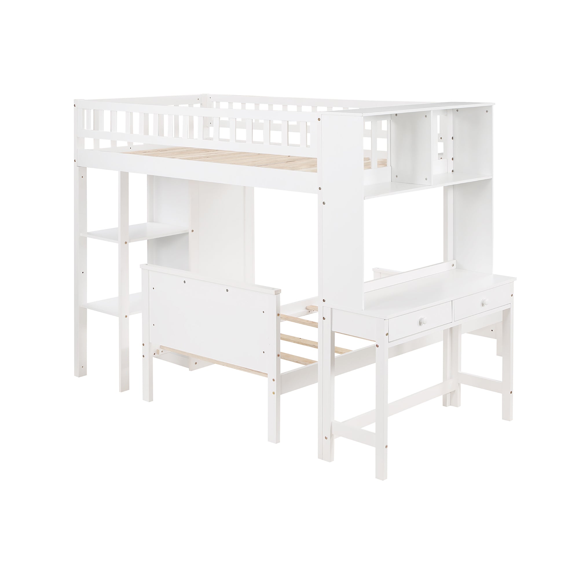 Twin Size Loft Bed with Closet and Desk and Extra Bottom Twin Bed- White_19