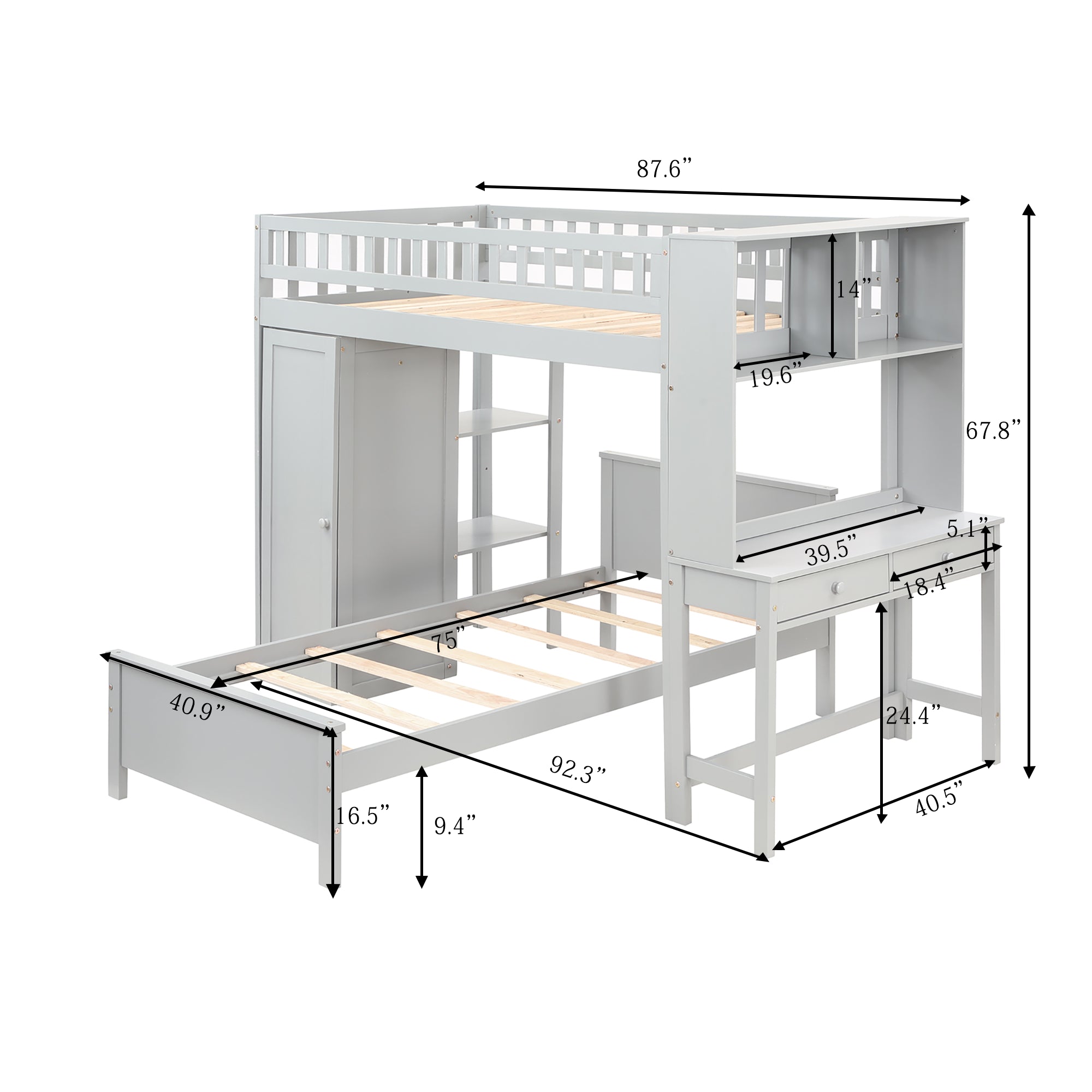 Twin Size Loft Bed with Closet and Desk and Extra Bottom Twin Bed- Grey_23