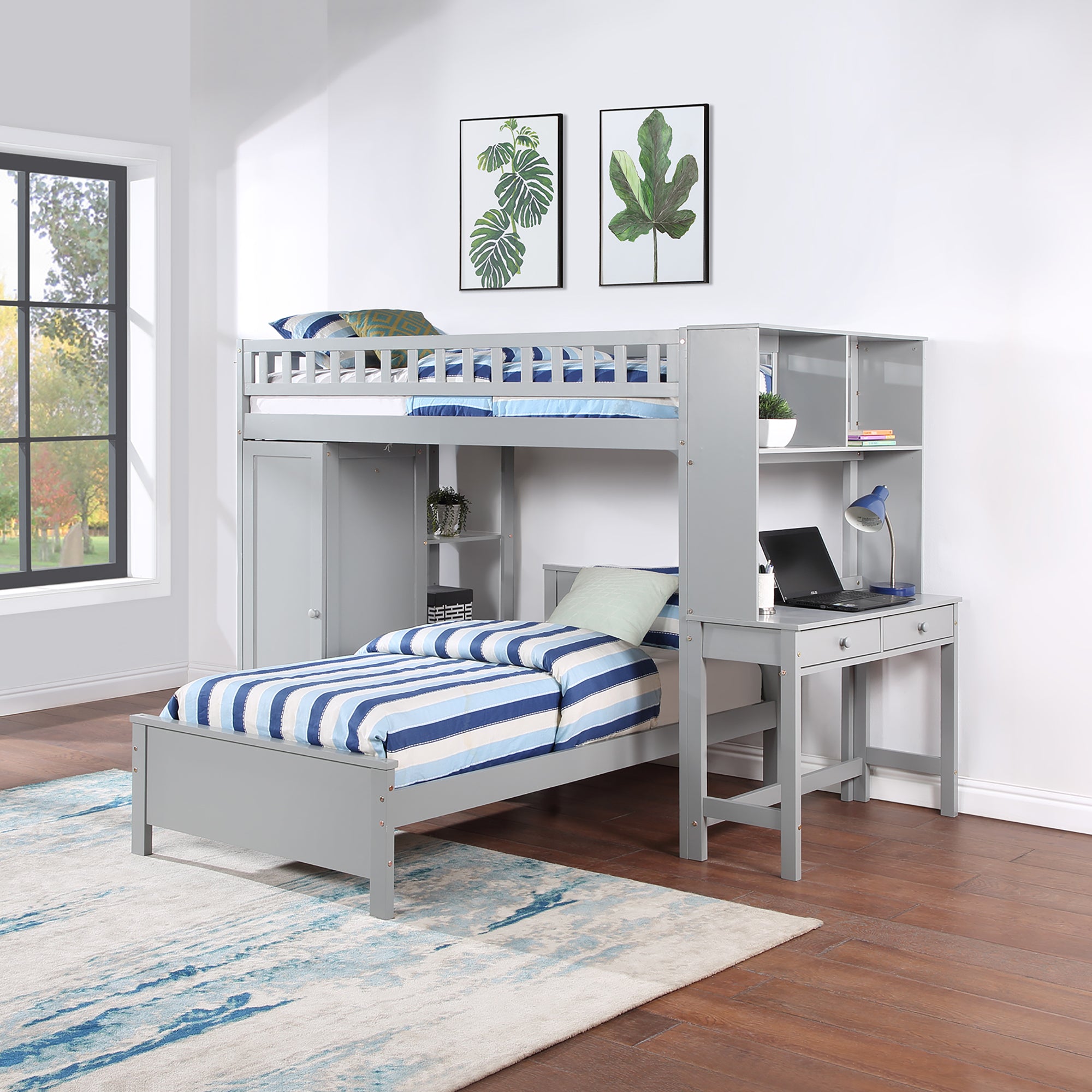 Twin Size Loft Bed with Closet and Desk and Extra Bottom Twin Bed- Grey_1
